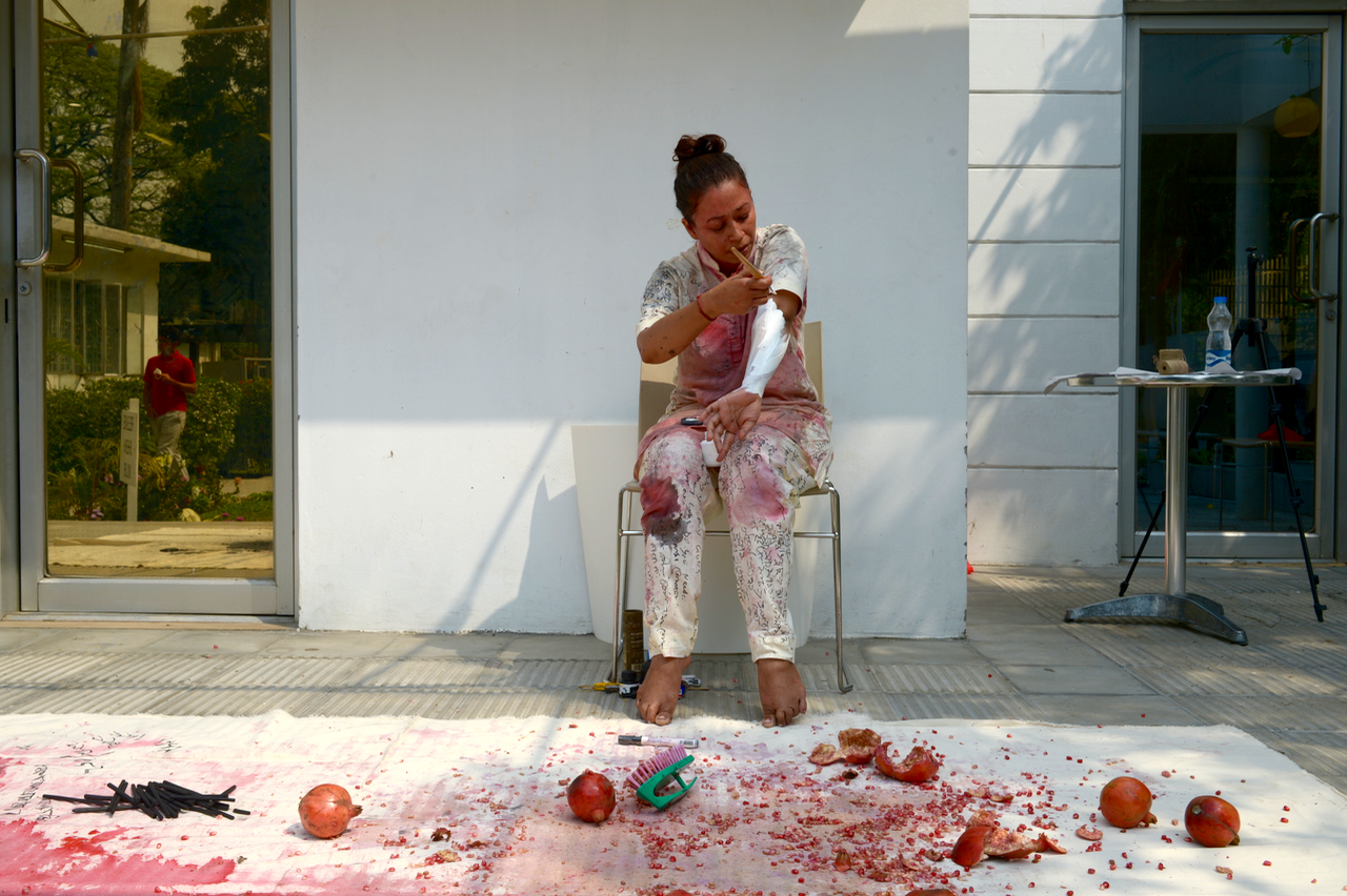 Performance still from the exhibition London 1971 at the British Council Dhaka, curated by Shehzad Chowdhury. Courtesy of the artist.