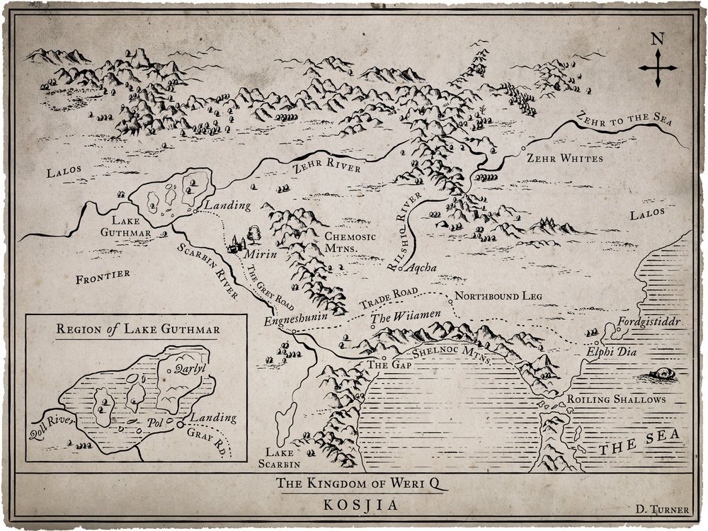 Map of the Kingdom of Weri Q in Kosjia, showing regions, mountains, rivers, lakes, and locations such as Lake Guthmar, Mirin, The Wliamen, and the Zehr River, with a compass pointing north.