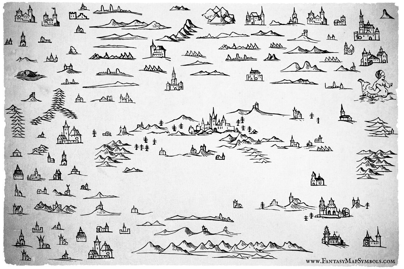 Woodcut Fantasy Map Symbol Set
