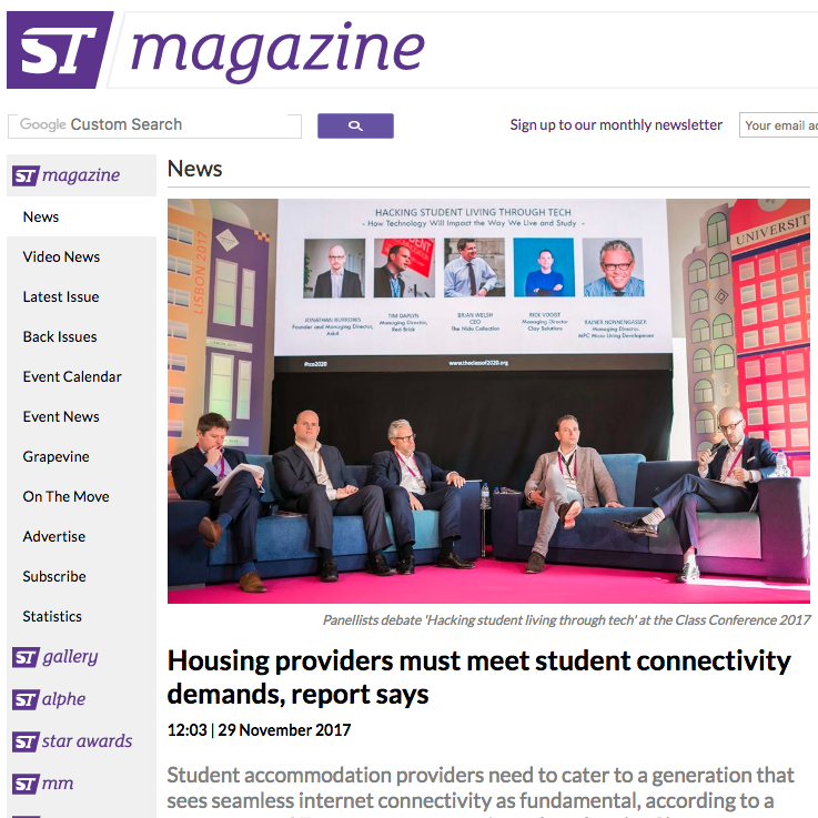 29 November 2017 ST Magazine: Housing providers must meet student connectivity demands, report says > go to story