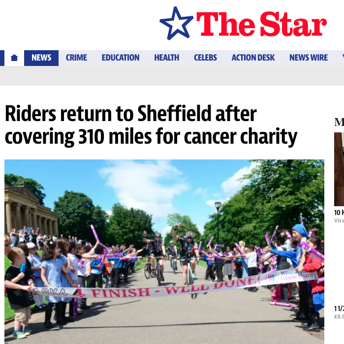 28 June 2016 The Star: Riders return to Sheffield after covering 310 miles for cancer charity > go to story