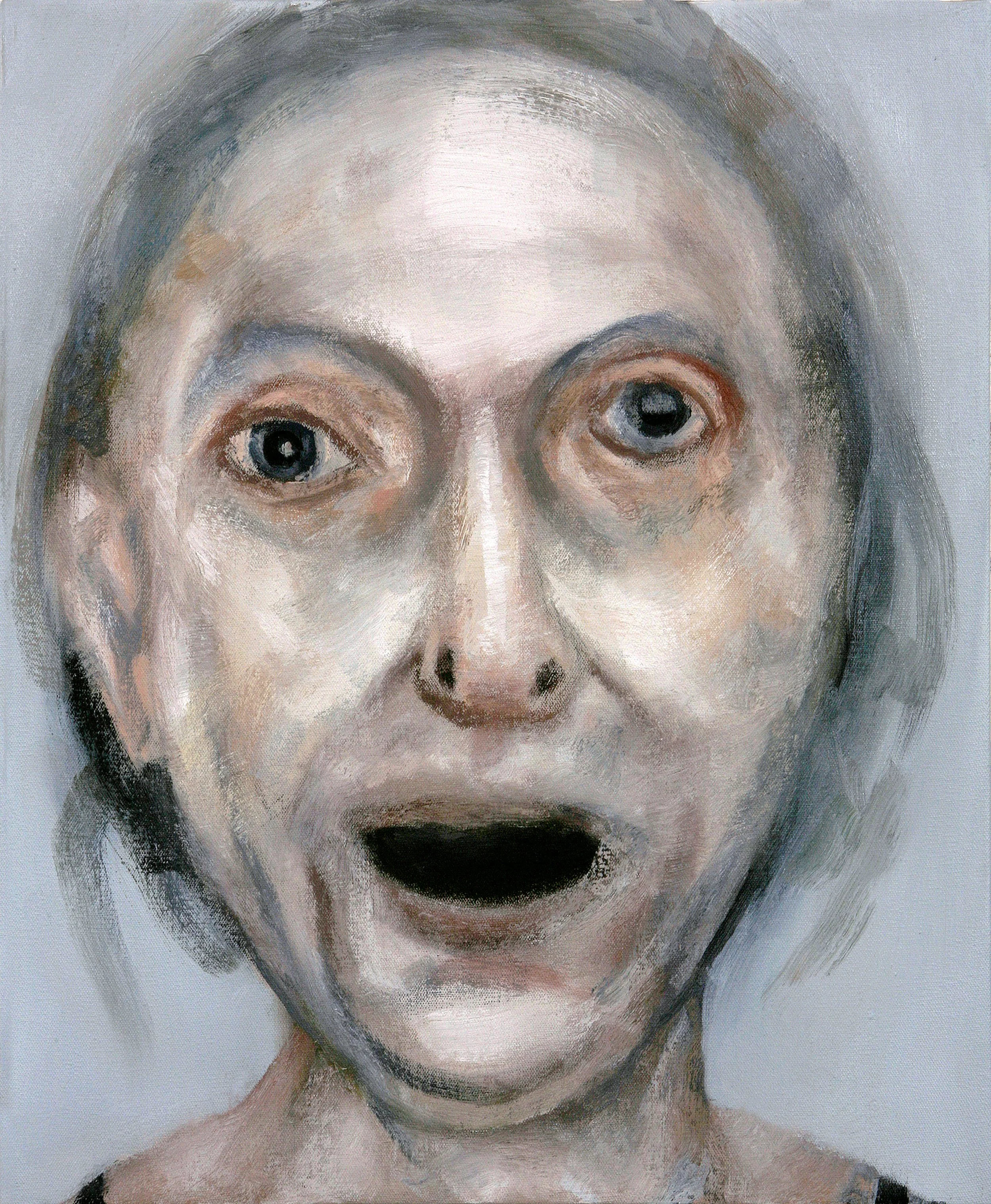 A realistic and emotional oil portrait of an elderly grey woman, focusing on life experience and texture.