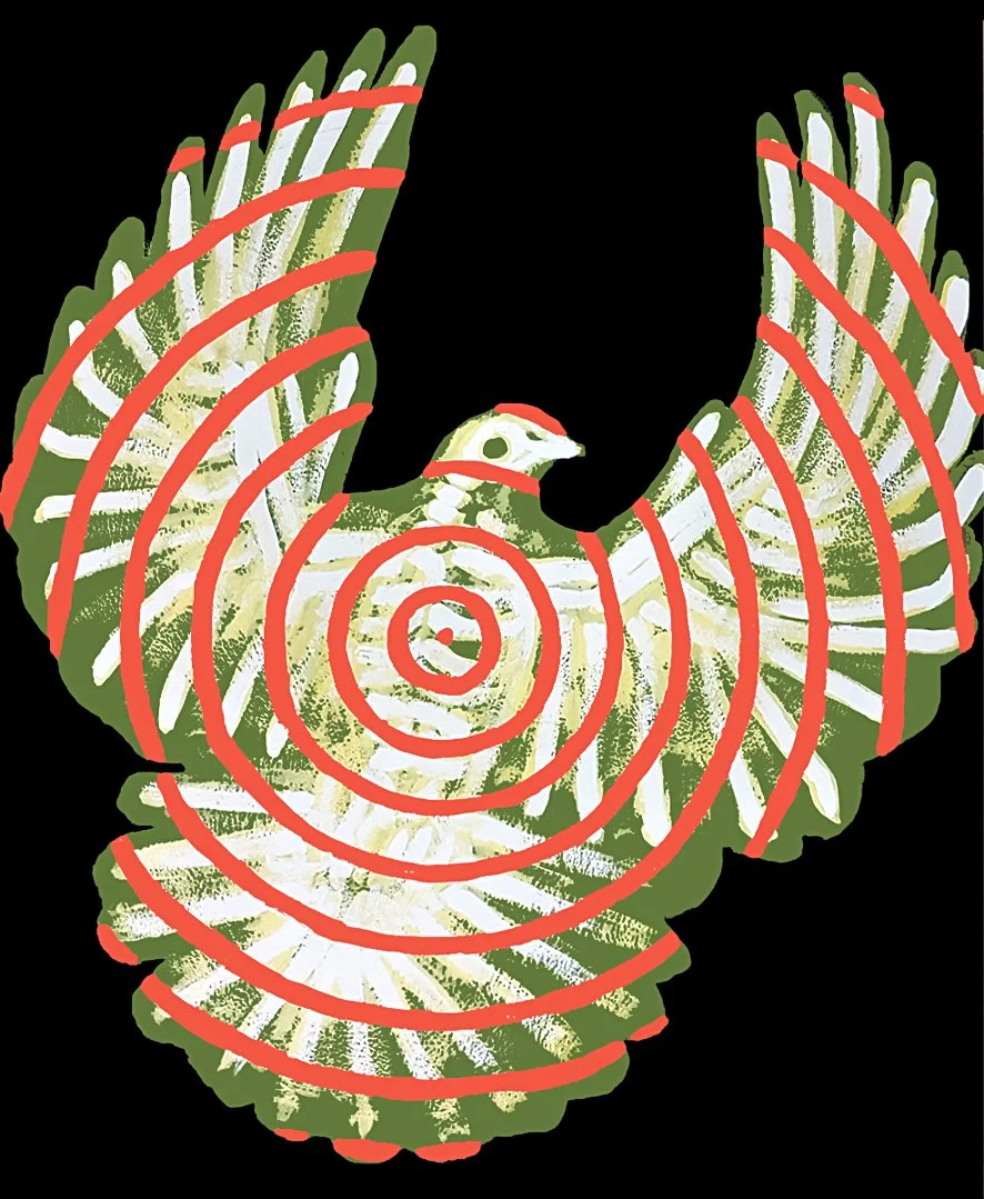 A skeletal-style portrait of a dove, blending tribal elements with a unique anatomical perspective.