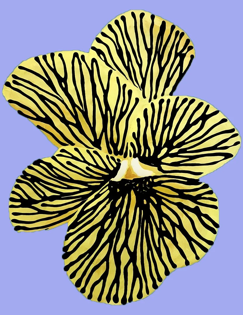 A powerful yellow flower silhouette rendered in a complex geometric pattern. This contemporary piece blends marine life with modern abstract design.
