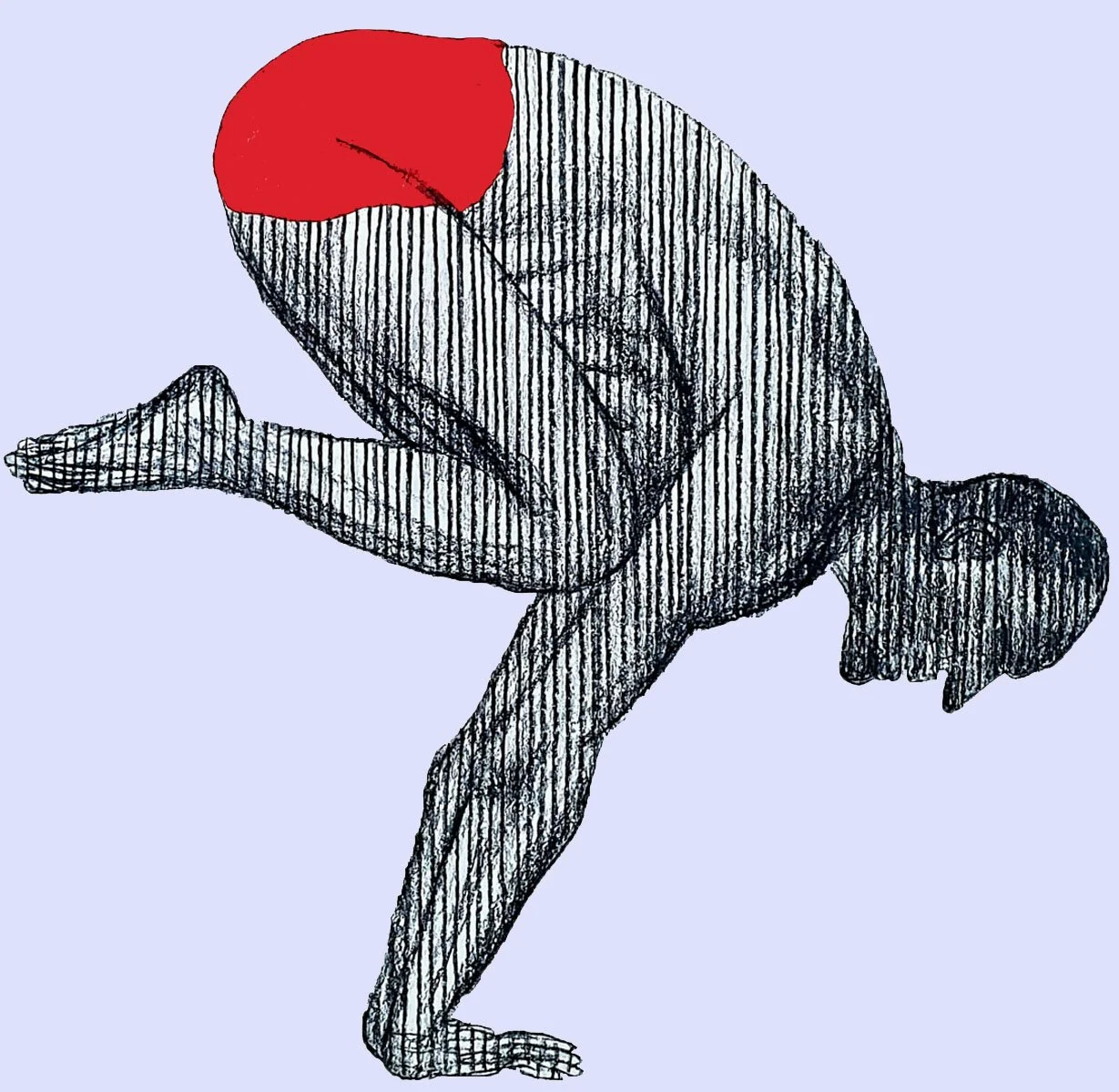 Modern figurative drawing of a person in a deep yoga forward fold pose. The figure features minimalist shading with a bold red accent on the lower back, set against a light blue background.