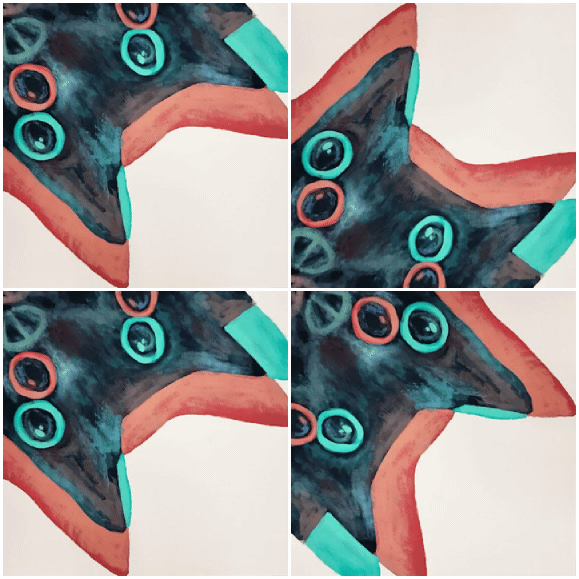 GIF-animated digital evolution of an original hand-painted collage by Roi Pajursky. The video shows static mixed media portraits and colorful textures coming to life, illustrating the transition from physical pigment to rhythmic, fluid motion.