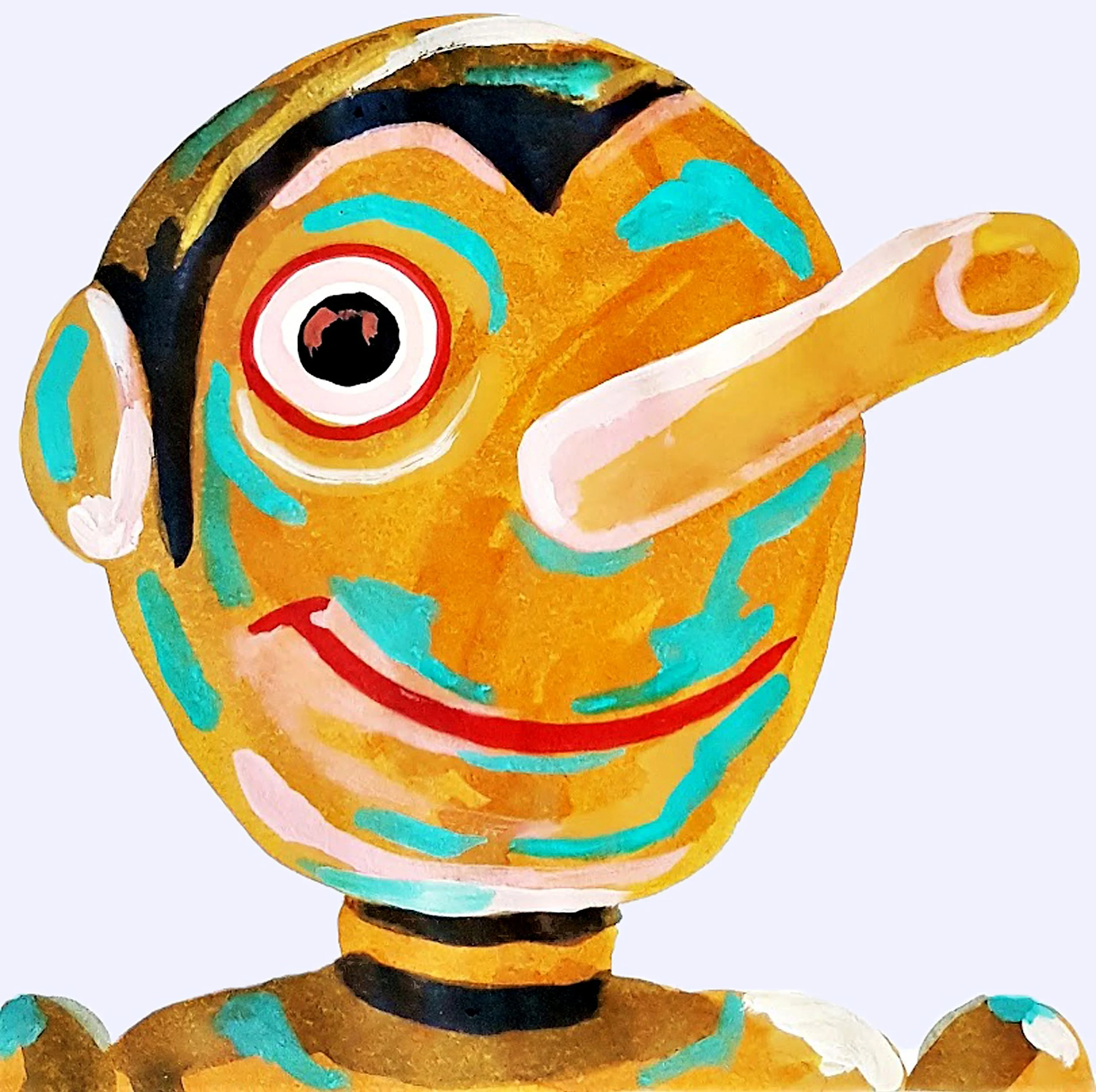 An intense and colorful ink portrait of an animal-human hybrid, focusing on expressive nose and raw, energetic textures.