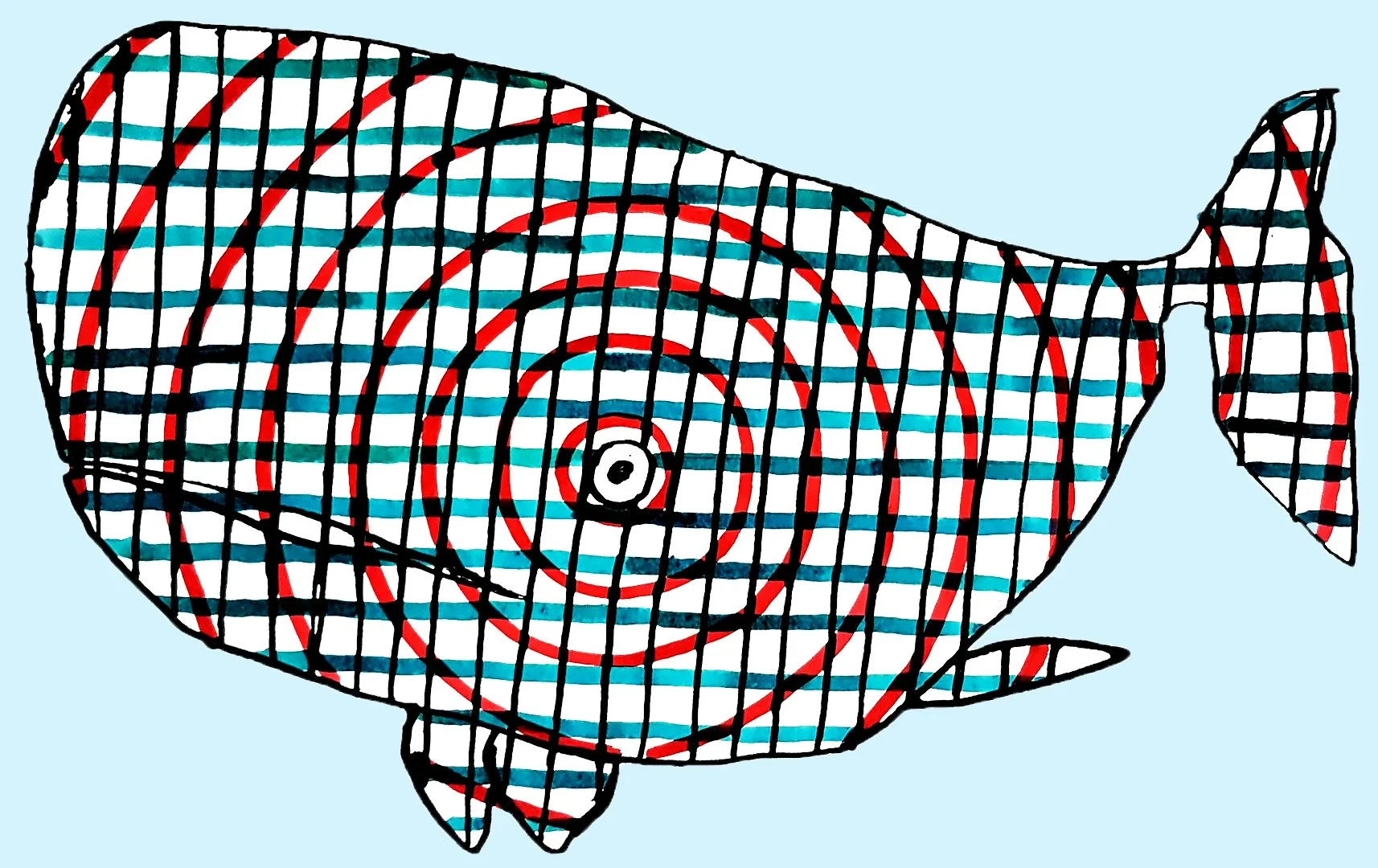  A detailed and slightly surreal geometric ink drawing of a predatory whale with sharp, artistic features.