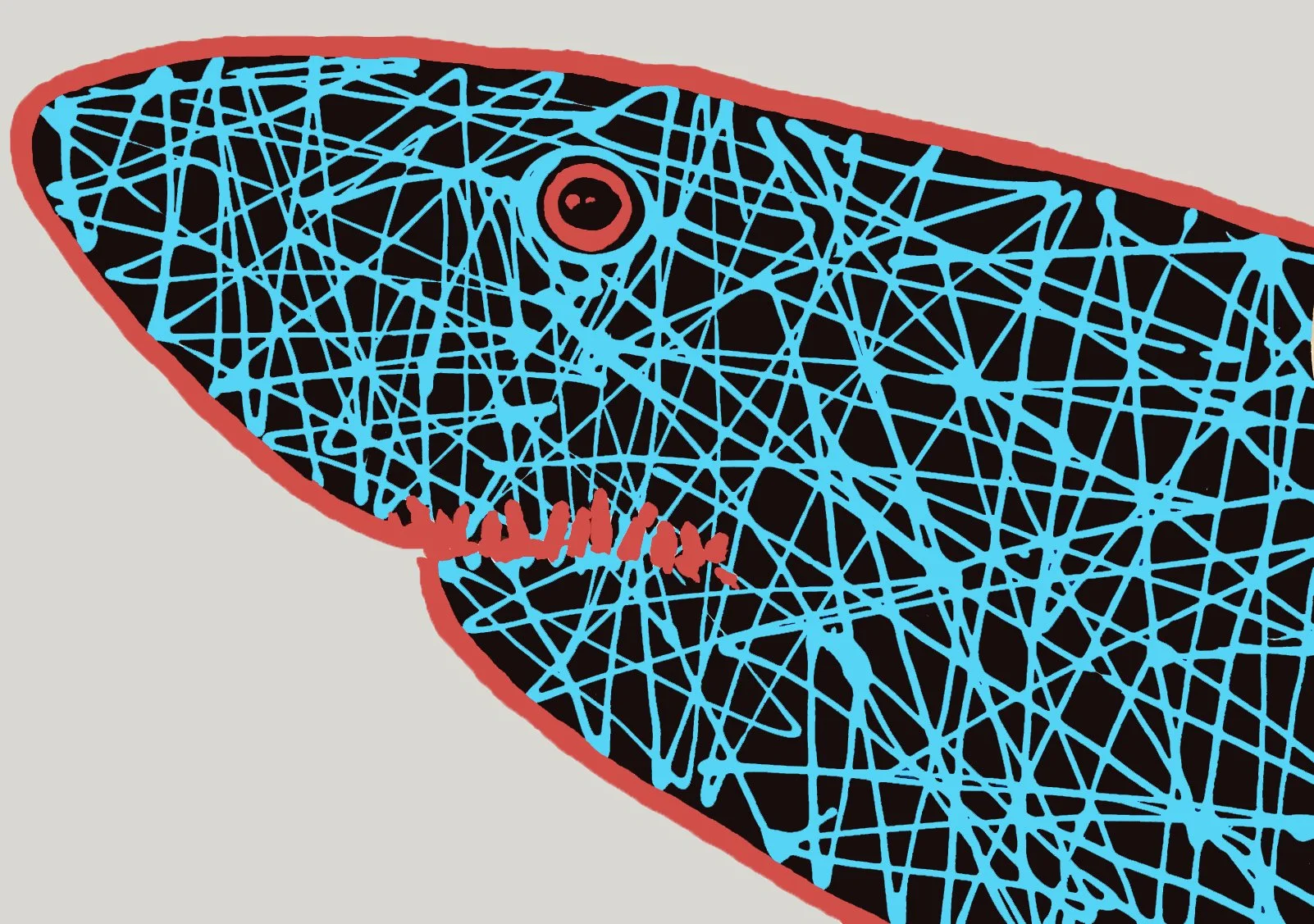 A powerful shark silhouette rendered in a complex geometric pattern. This contemporary piece blends marine life with modern abstract design.