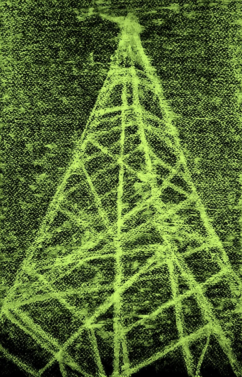 A neon green geometric pyramid sketch on a dark background, exploring symmetry and digital-inspired linework.