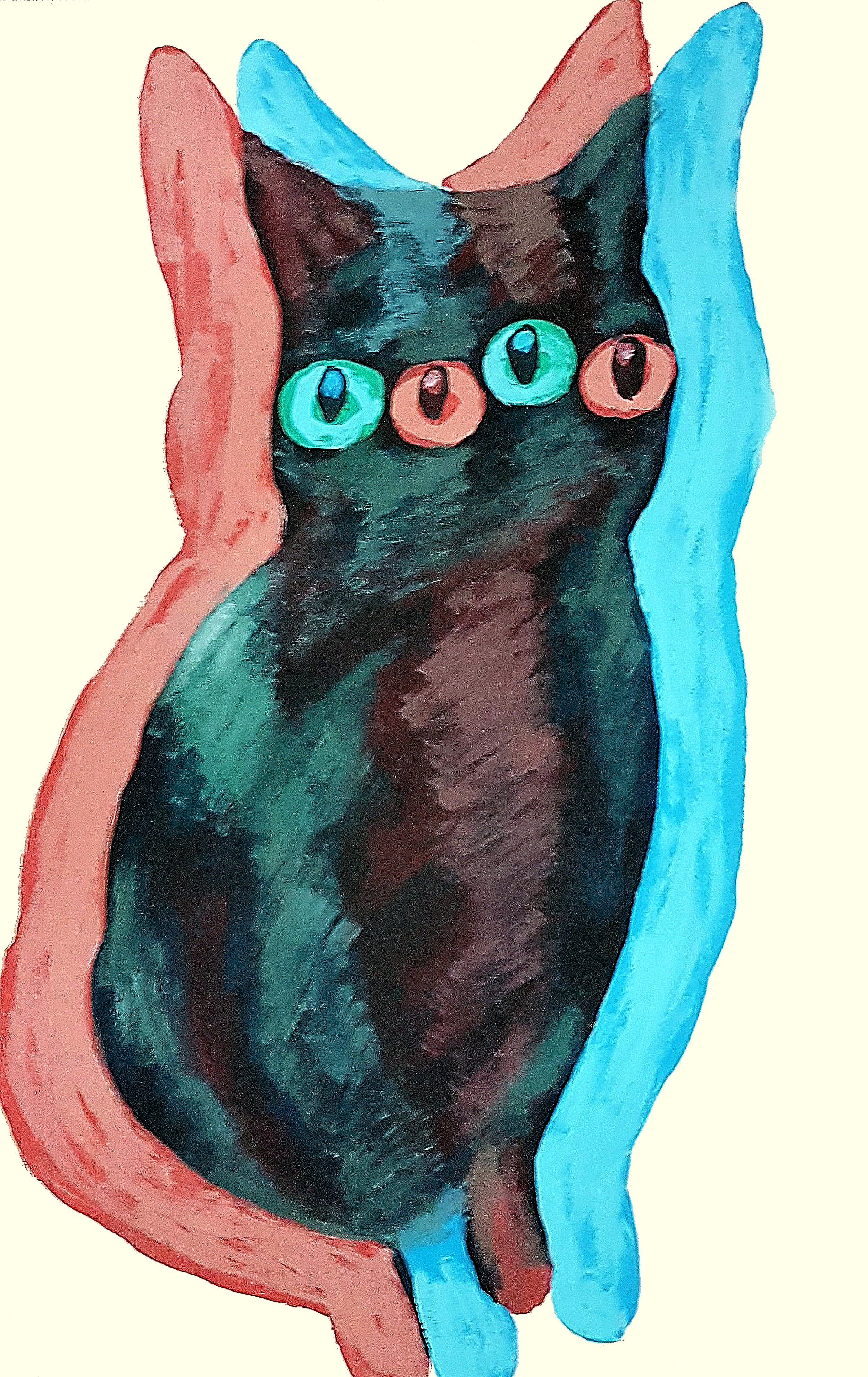 Contemporary cat animal study, colorful textured acrylic painting - Roi Pajursky.