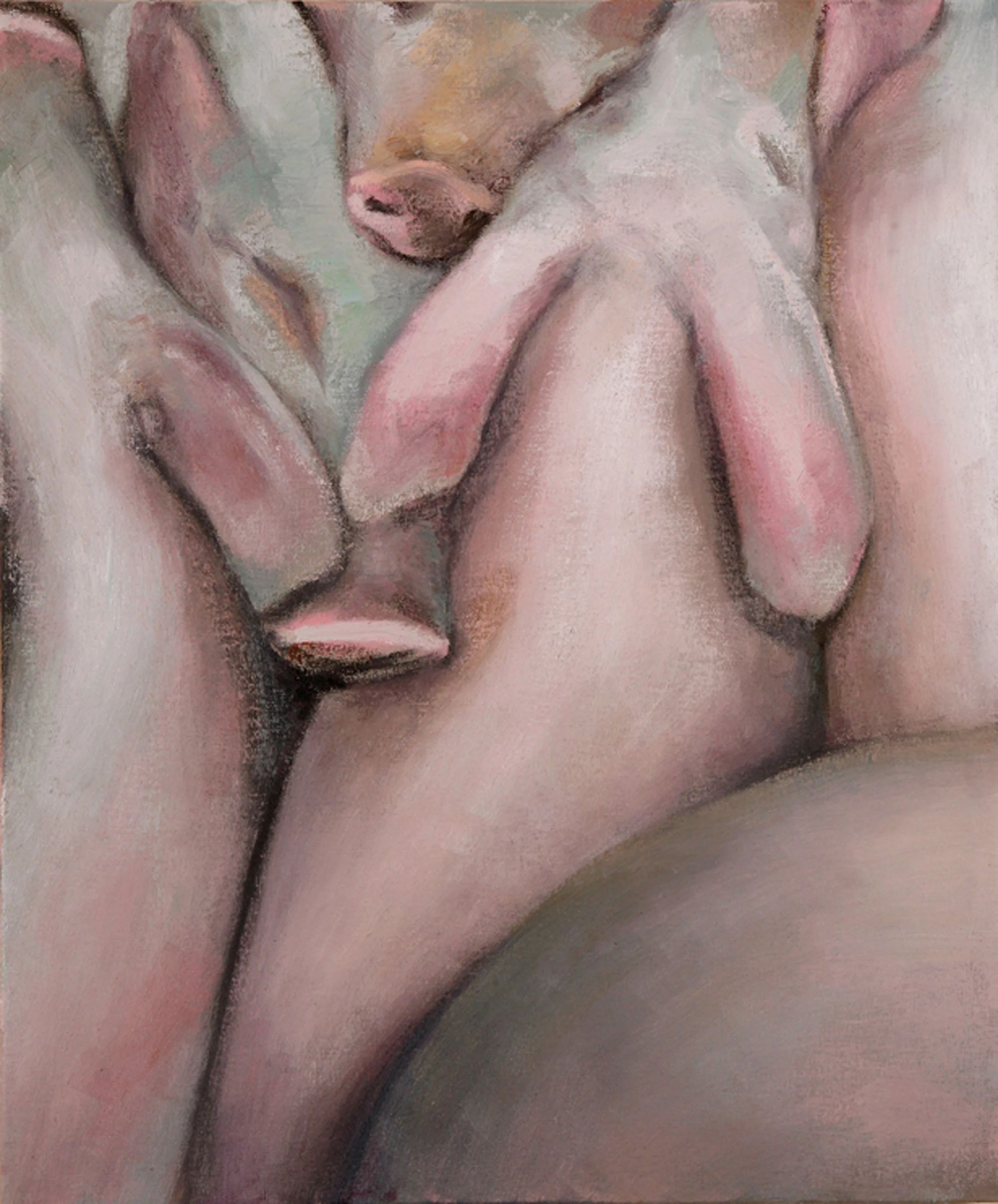 A fascinating oil painting fragment depicting the tangled, organic textures of a pigs sty, focusing on its complex and fluid form.