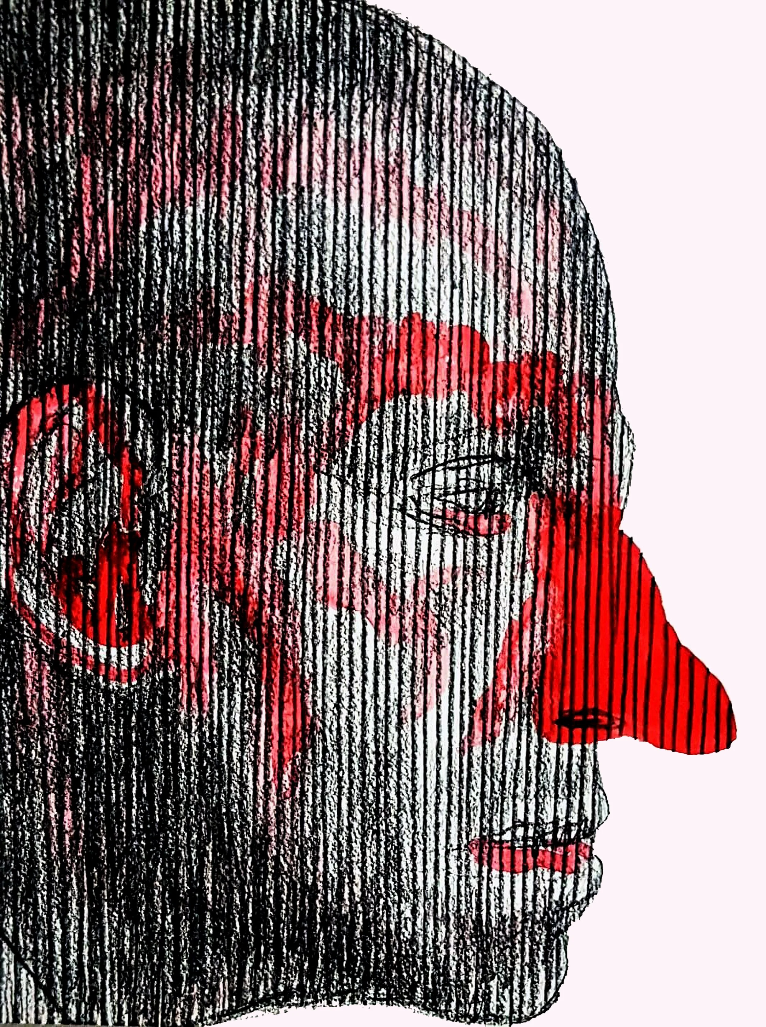 Surreal figurative ink drawing with red nose face geometric overlays and anatomical details - Roi Pajursky