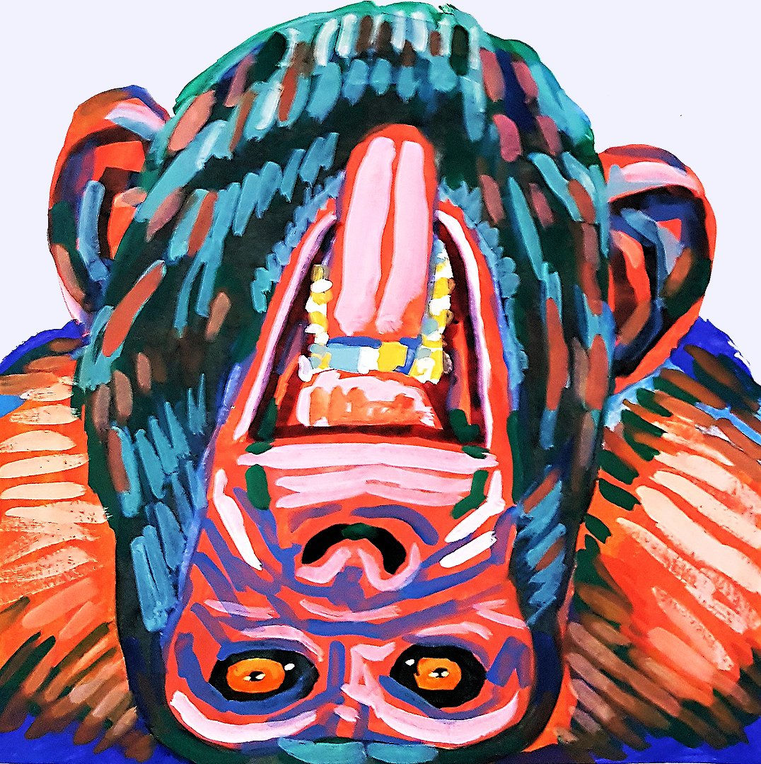 A detailed exploration of tribal ape mask and geometric patterns, using bold ink outlines to create a powerful, symmetrical visual impact.