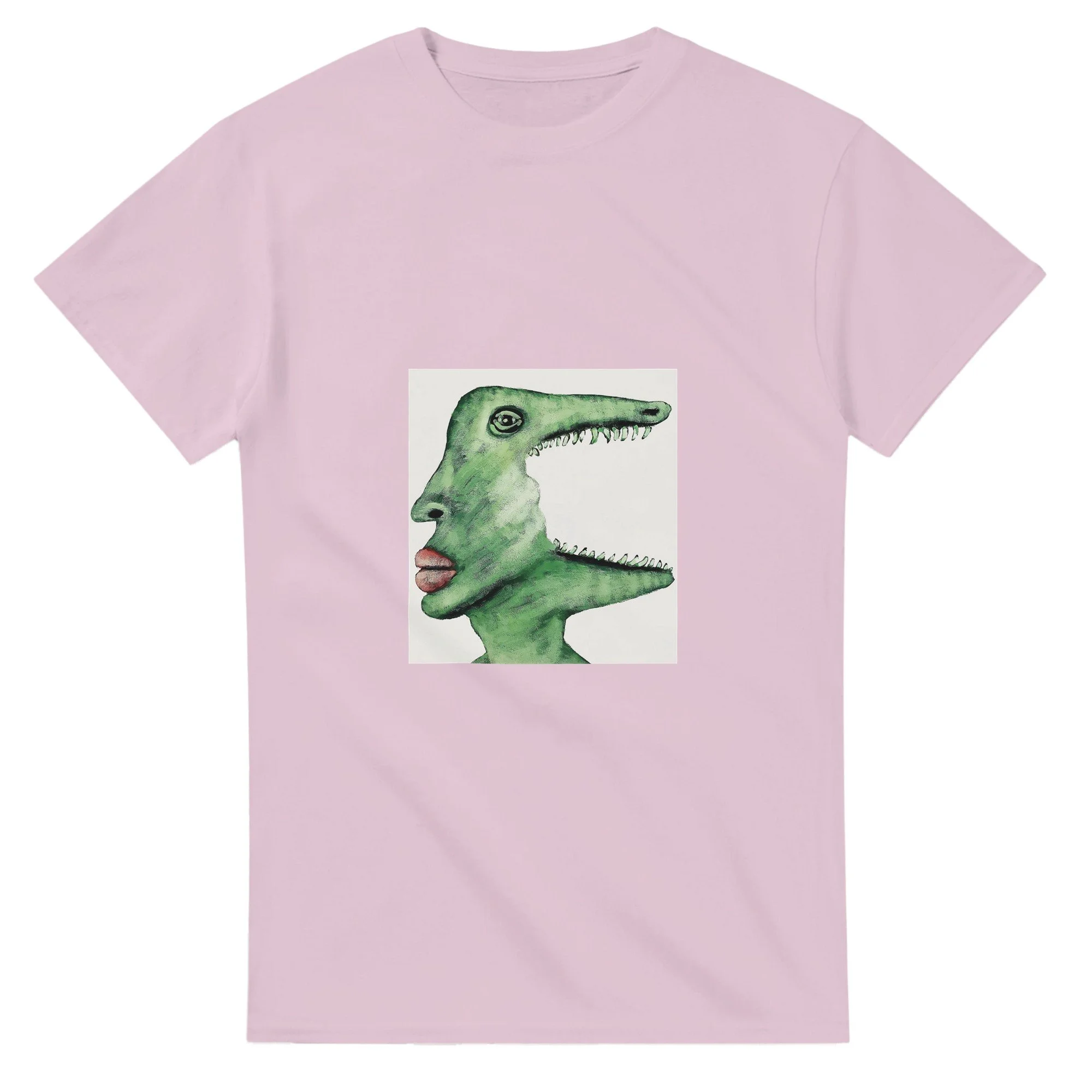 Unisex light pink t-shirt featuring a green surrealist crocodile art print by Roi Pajursky, modeled in various lifestyle settings.