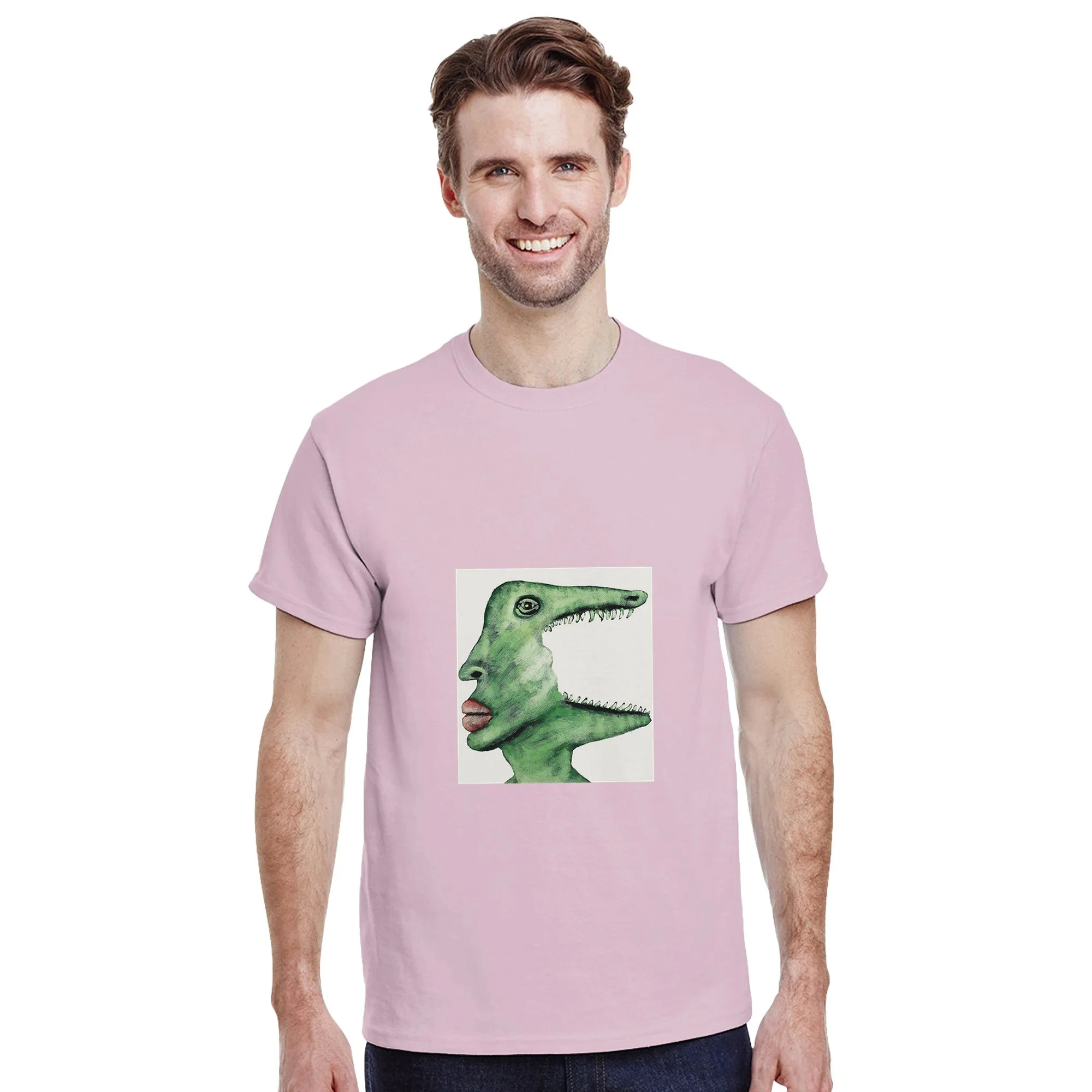 Unisex light pink t-shirt featuring a green surrealist crocodile art print by Roi Pajursky, modeled in various lifestyle settings.