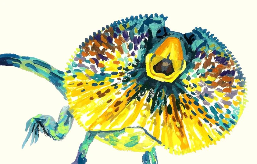 A colorful and expressive watercolor painting of a lizard's face, using a wide palette of vivid tones.