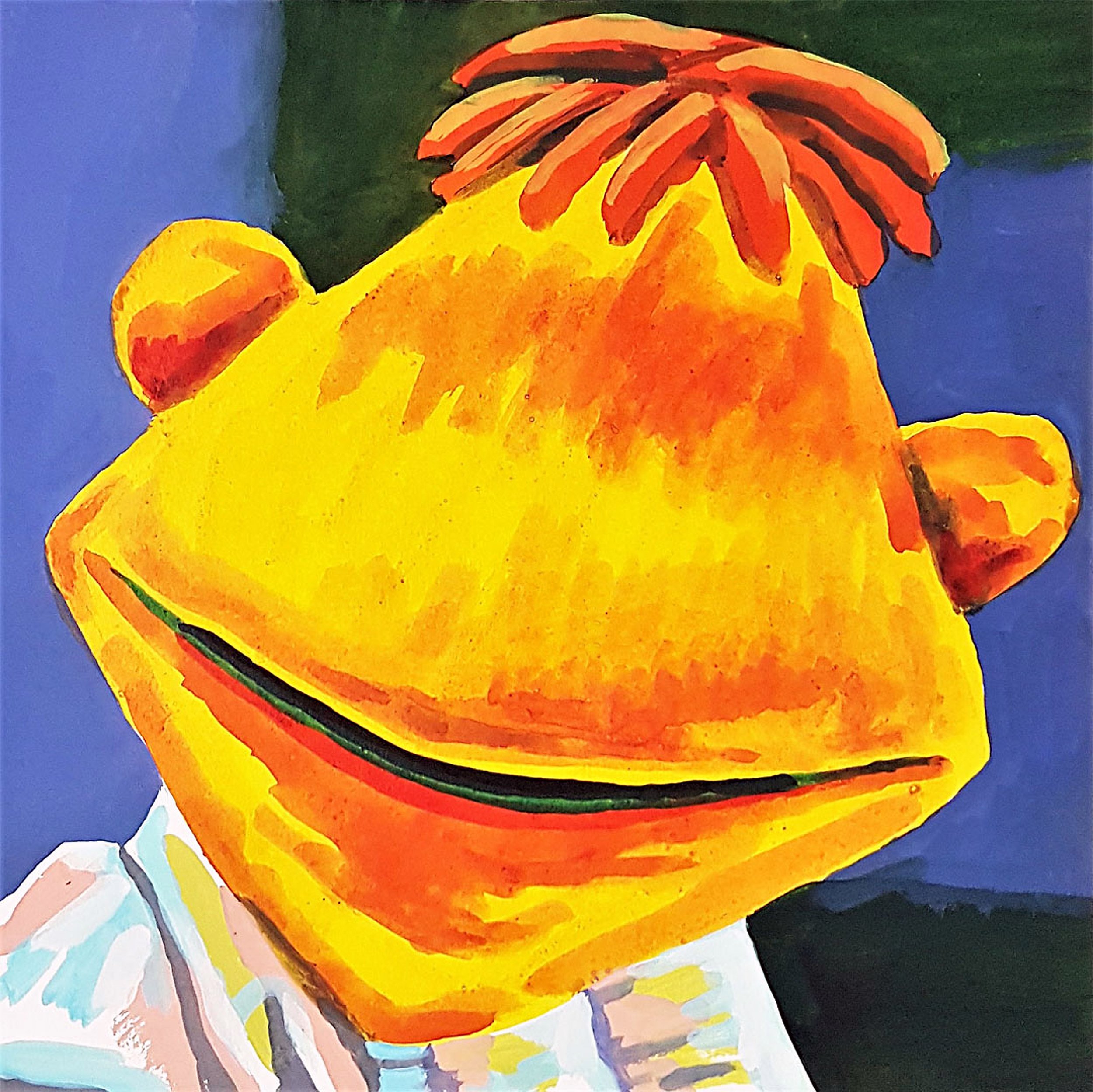 A whimsical yellow painting of a colorful puppet character, blending pop culture nostalgia with a vibrant, modern artistic style.