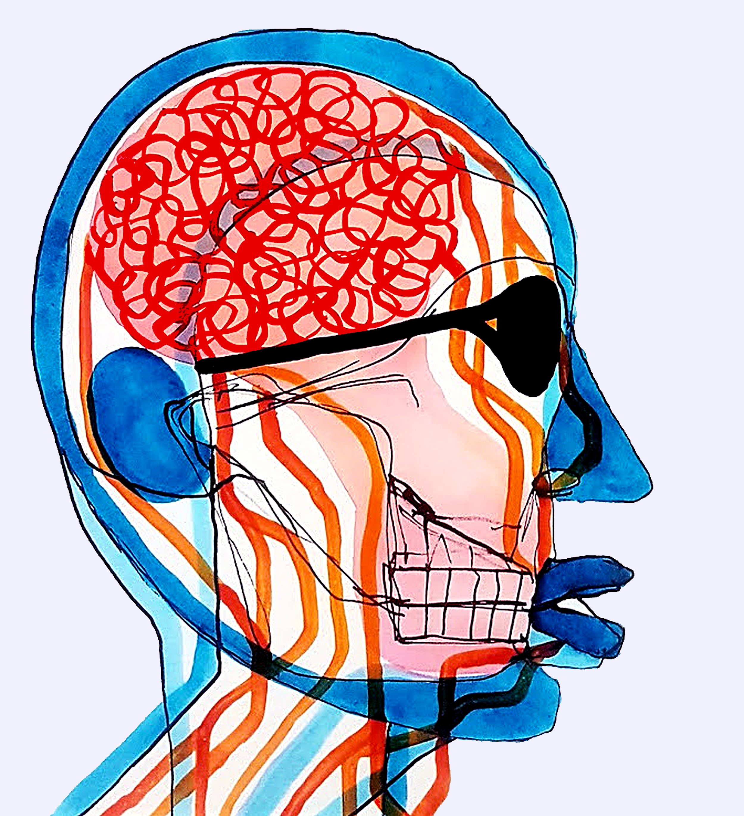 An abstract character wearing glasses, rendered with a pop-art influence and colorful geometric abstraction.