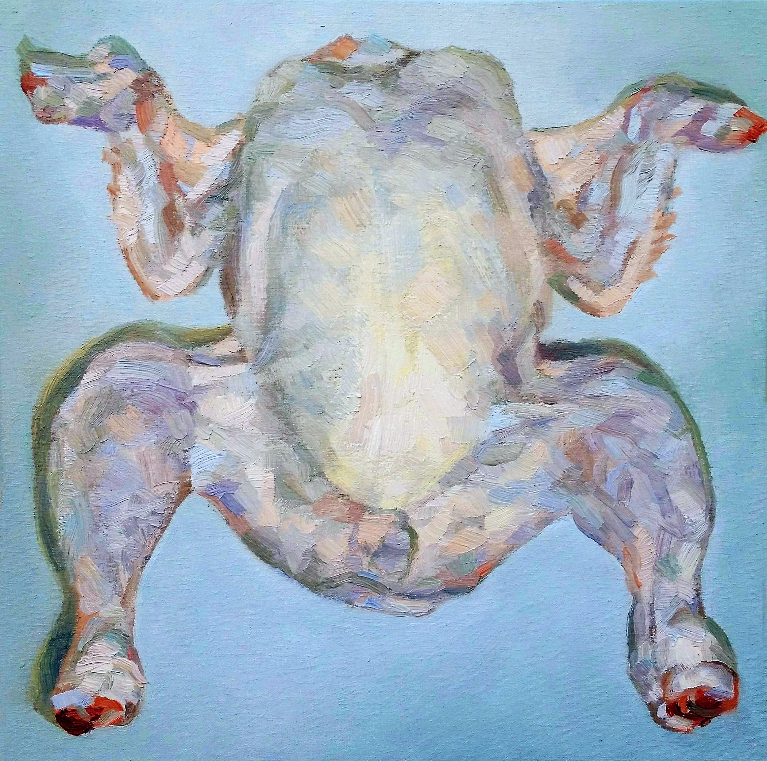 An expressive oil portrait of a blue frozen chicken with a distorted perspective.