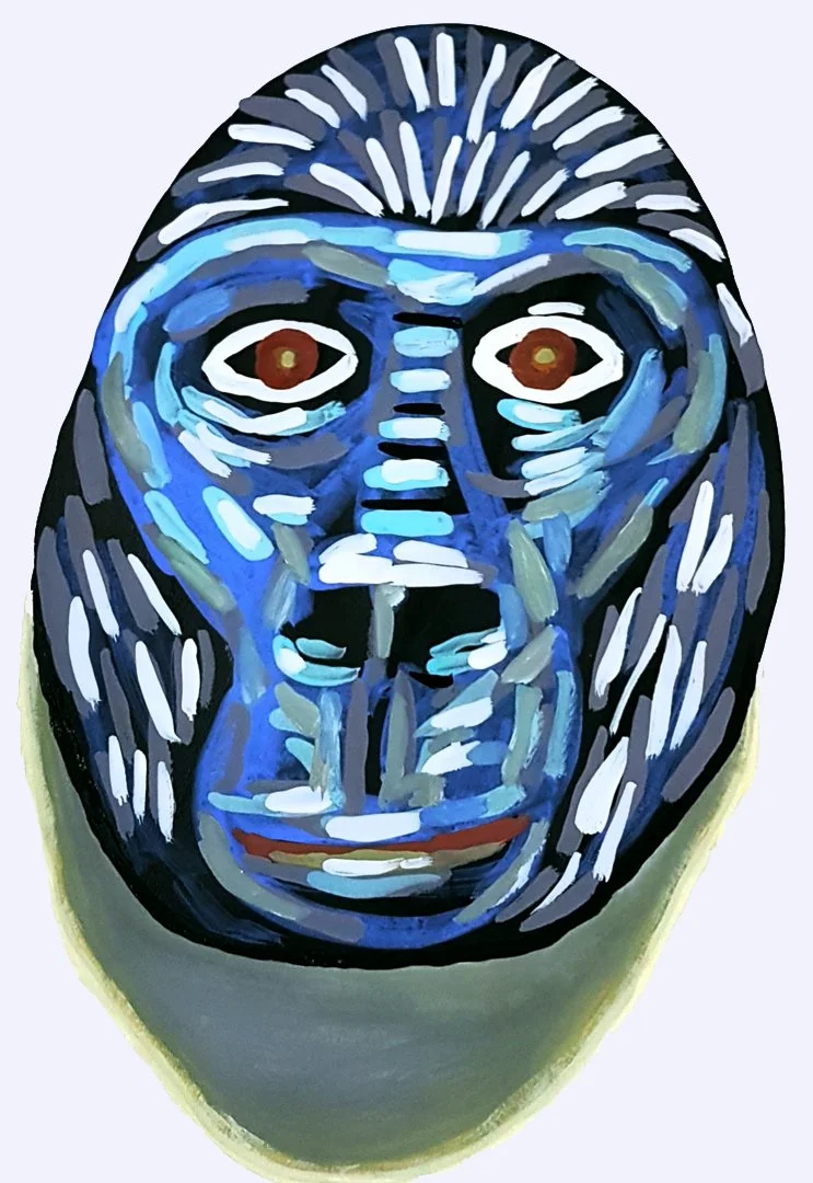 A thought-provoking surrealist ink funny mask piece that reimagines familiar subjects through a dreamlike and often satirical lens.