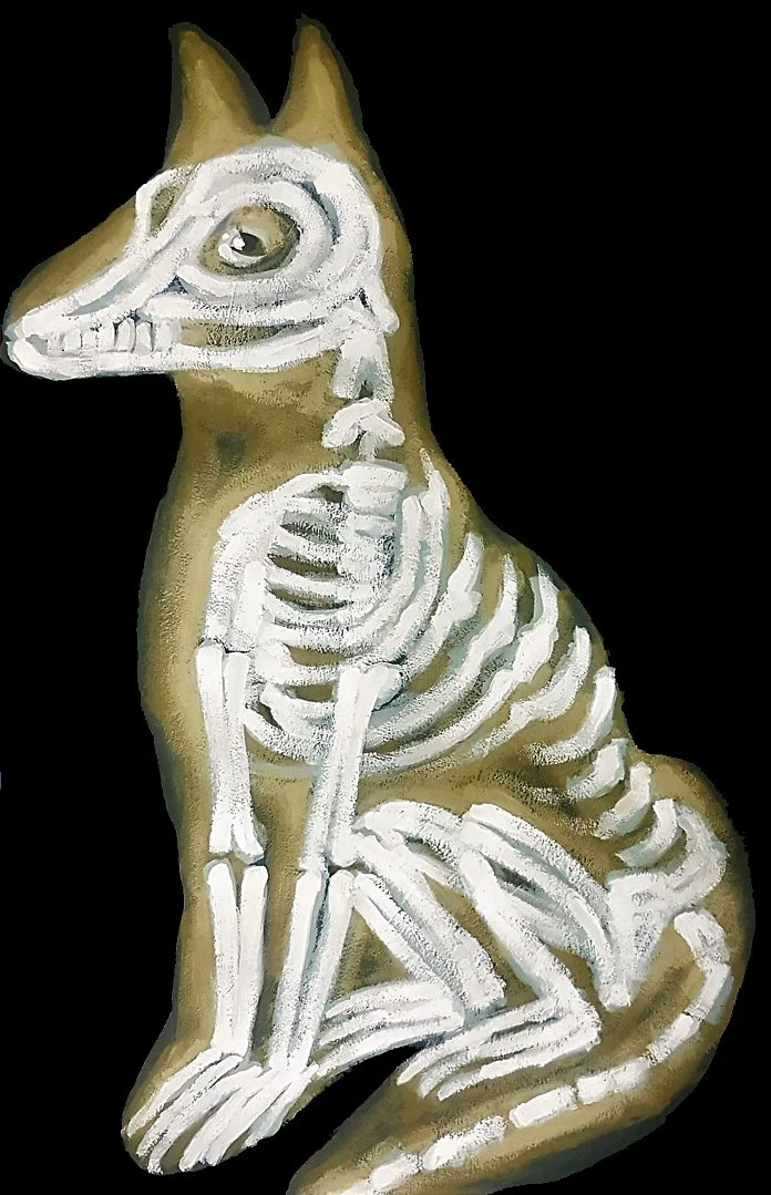 A skeletal-style portrait of a dog chief, blending tribal elements with a unique anatomical perspective.