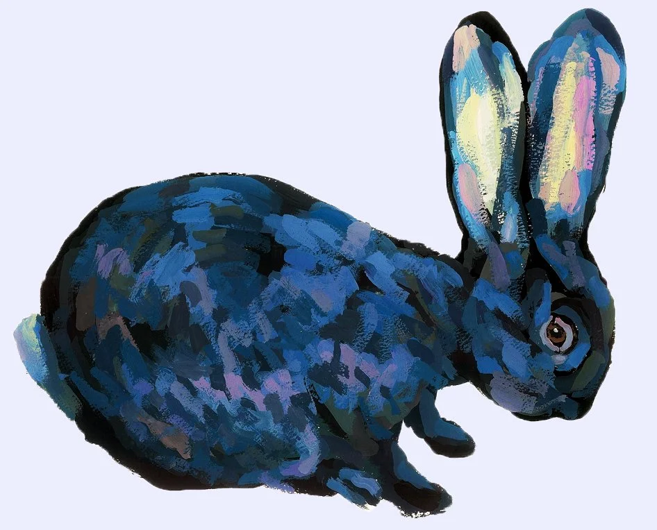 A deep blue, silhouette-style watercolor of a rabbit, creating a bold and modern animal art piece.