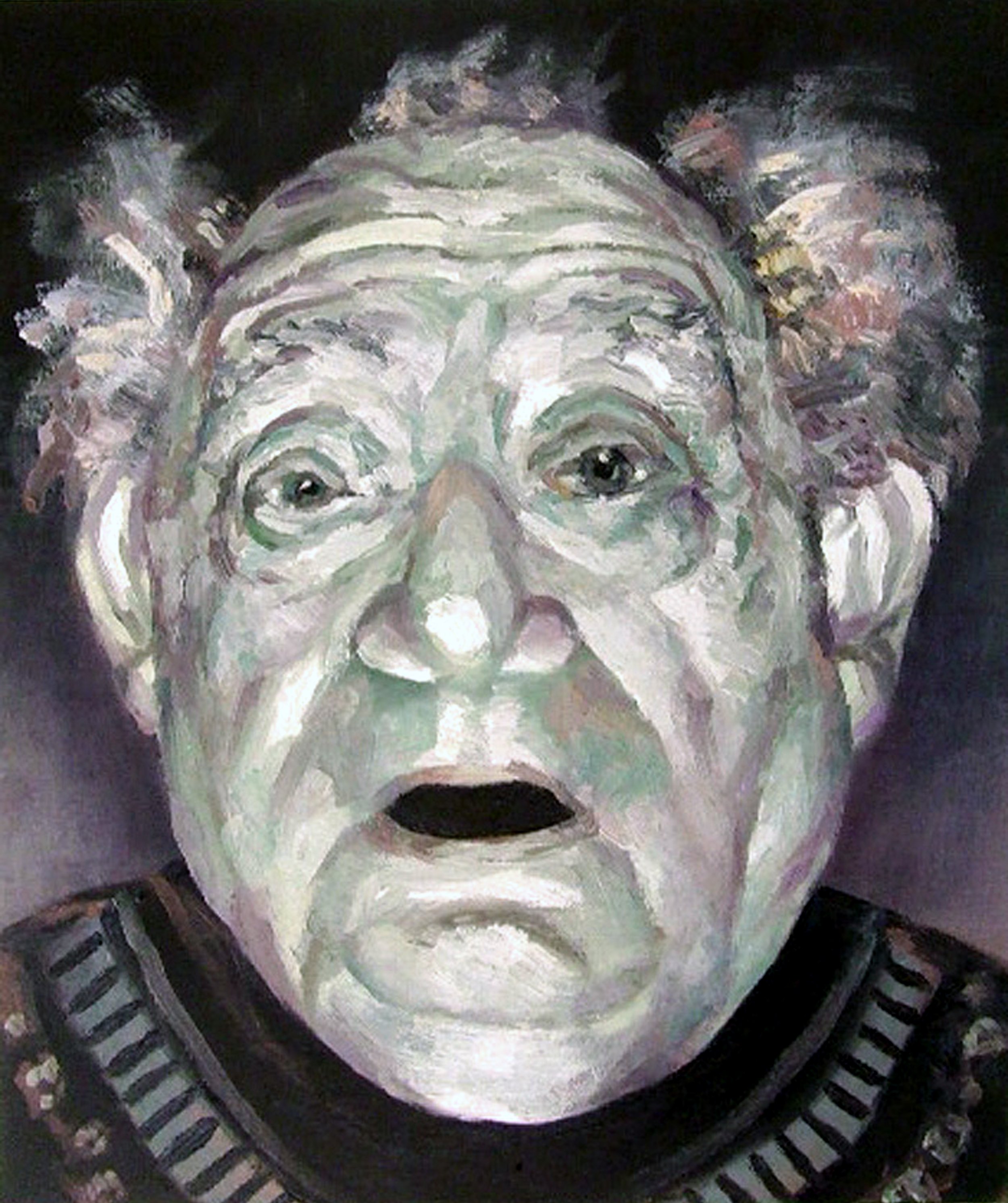 A realistic and funny oil portrait of an elderly man, focusing on life experience and texture.