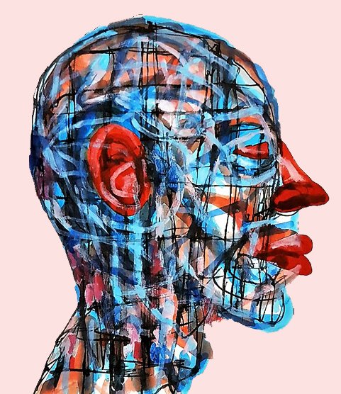 A futuristic expressive portrait where the face is composed of circuit-like red and blue patterns and colorful geometric blocks.