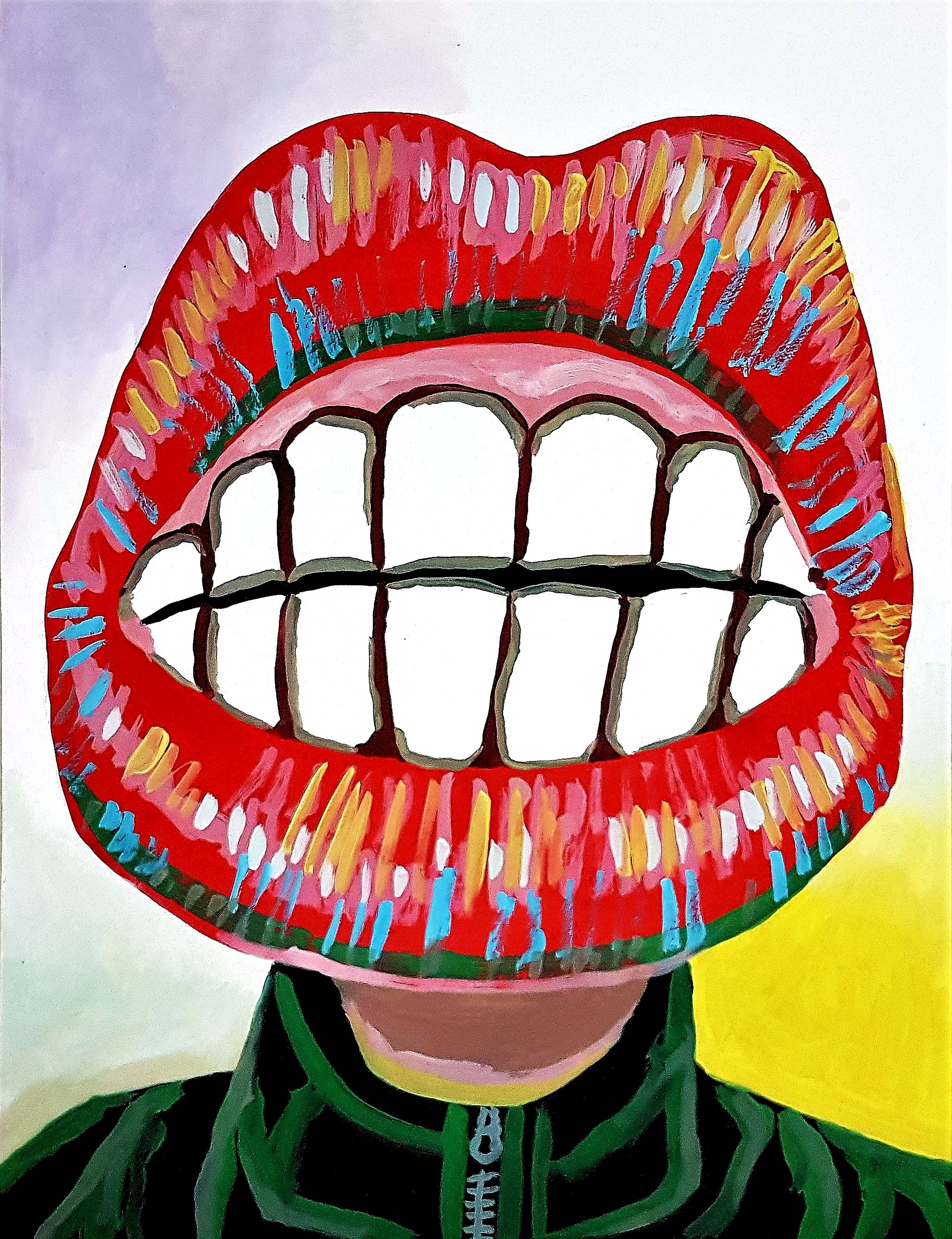 A whimsical funny painting of a colorful character, blending pop culture nostalgia with a vibrant, modern artistic style.