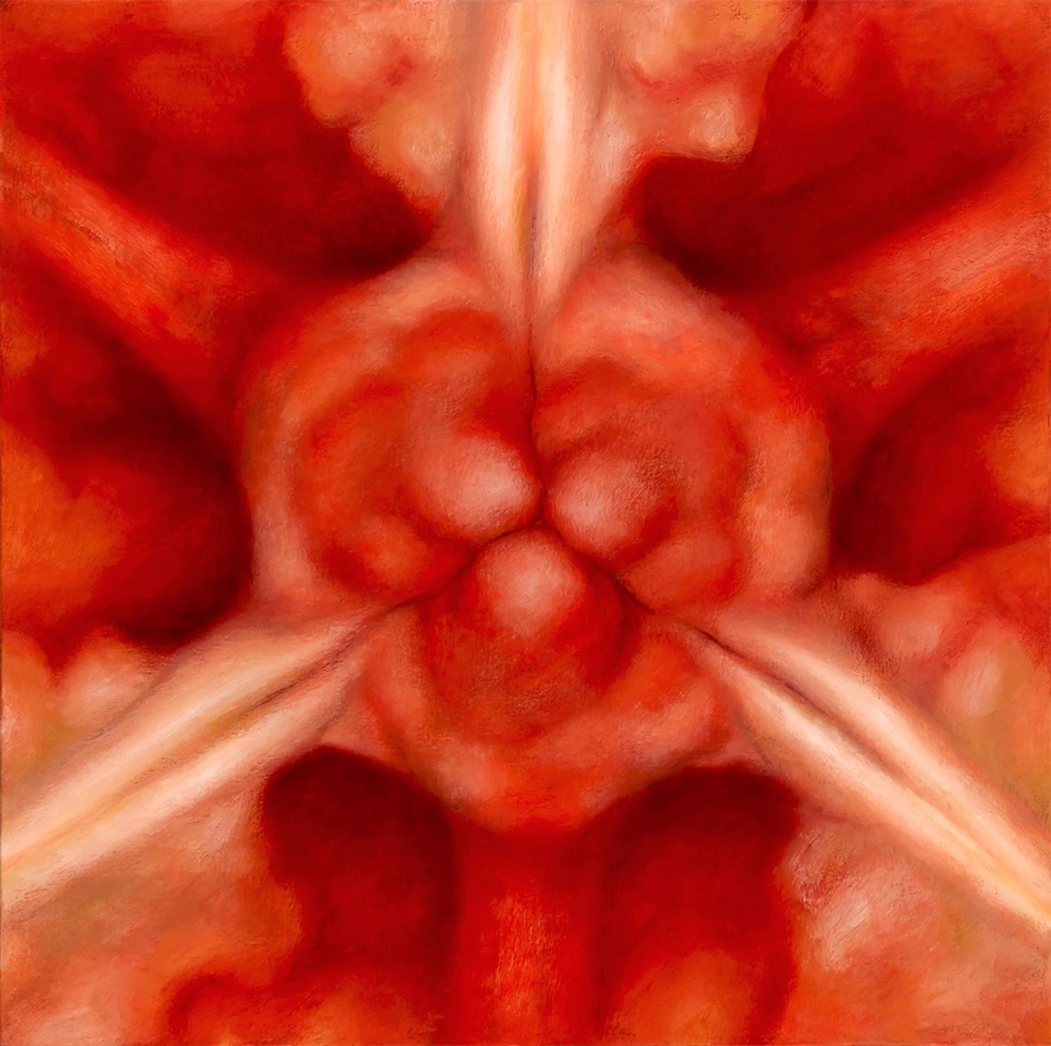 A vivid oil painting fragment of a red pepper, emphasizing its glossy surface, symmetrical core, and intense saturation.