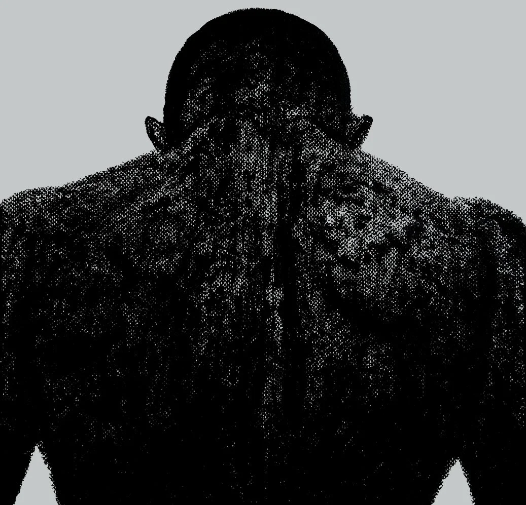 A mysterious silhouette portrait of back of a man, emphasizing shadow and form in a minimalist contemporary style.