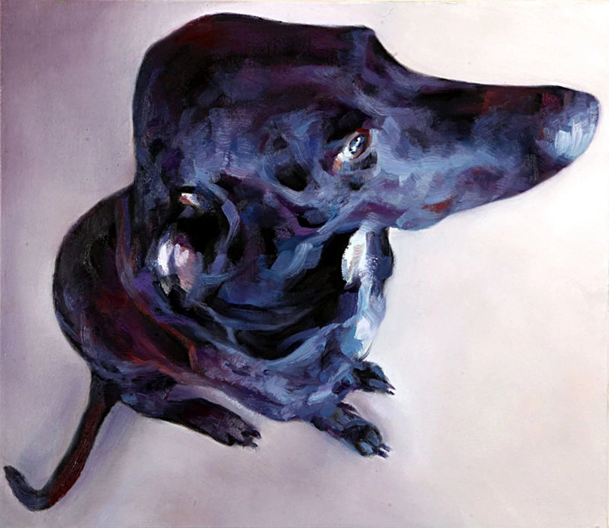 A detailed and character-focused oil portrait of a blue dog.