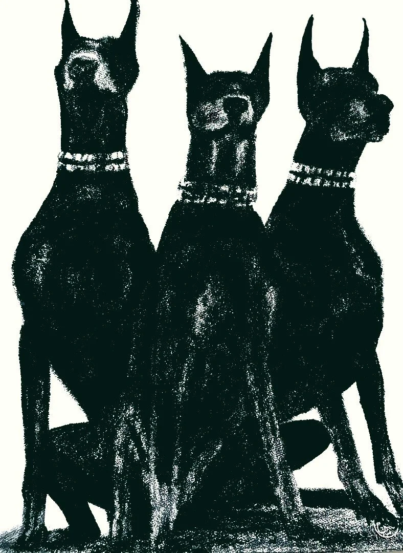 A striking illustration of three Doberman Pinschers standing together, blending realism with an artistic, dark aesthetic.
