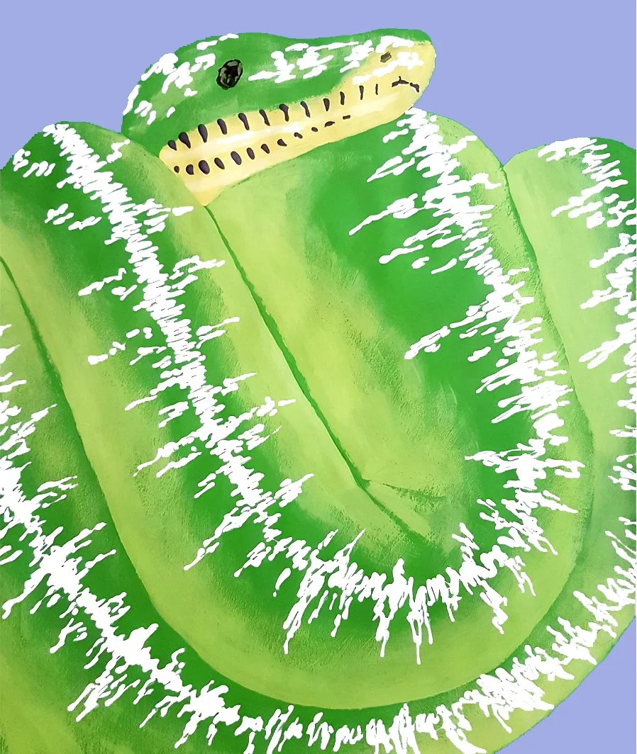 A stunning exotic green snake painting featuring a complex geometric shell pattern. A perfect fusion of nature and modern abstract art.