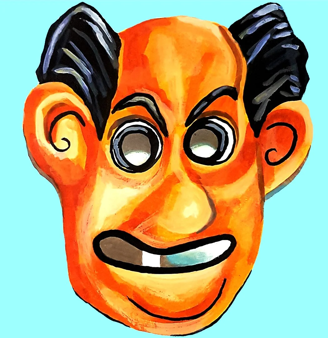 A whimsical funny monster painting of a colorful mask character, blending pop culture nostalgia with a vibrant, modern artistic style.