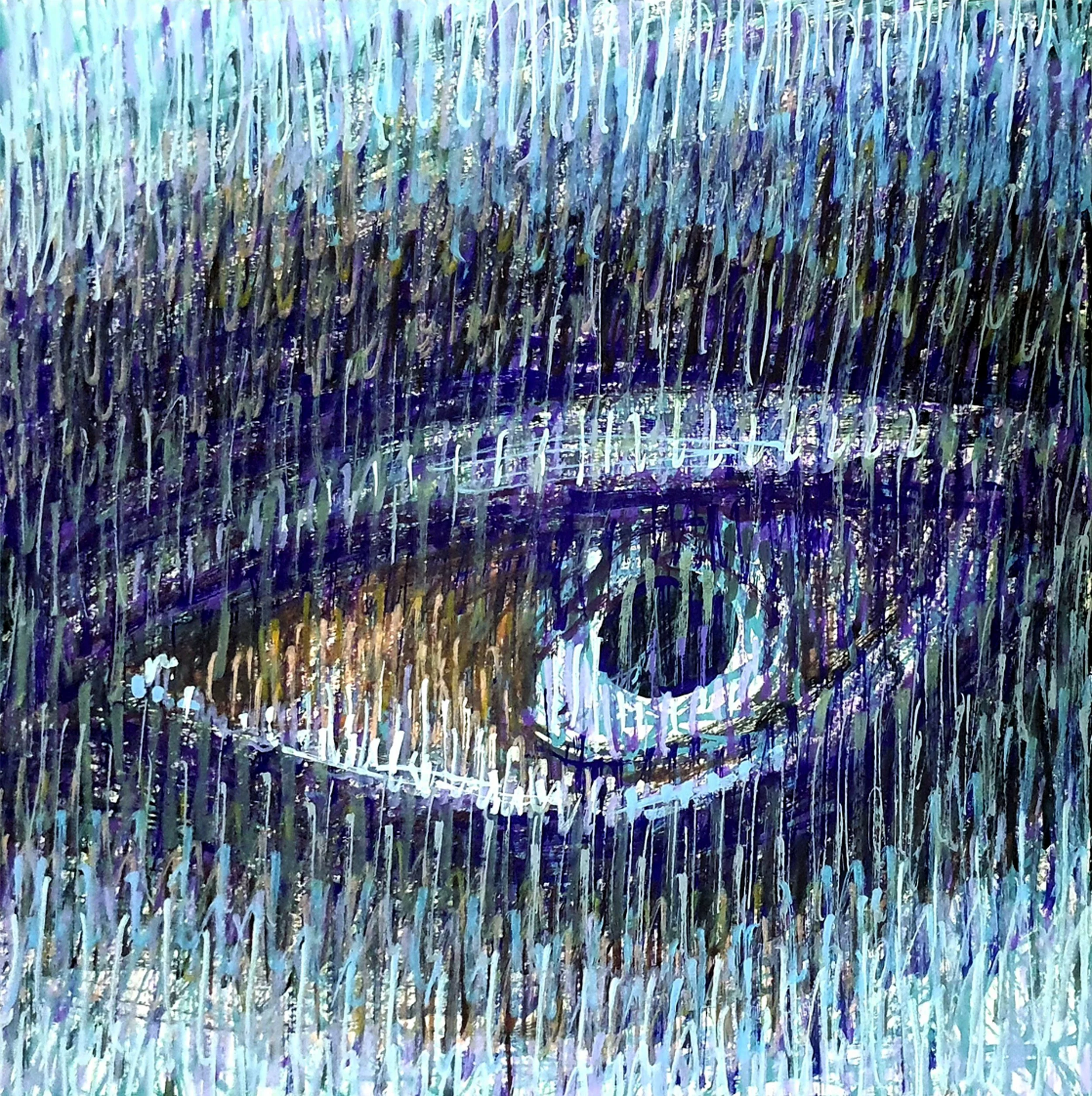 A powerful abstract expressionist painting of an eye in a close-up. This artwork uses vibrant blue and purple tones to convey raw emotion and energy.