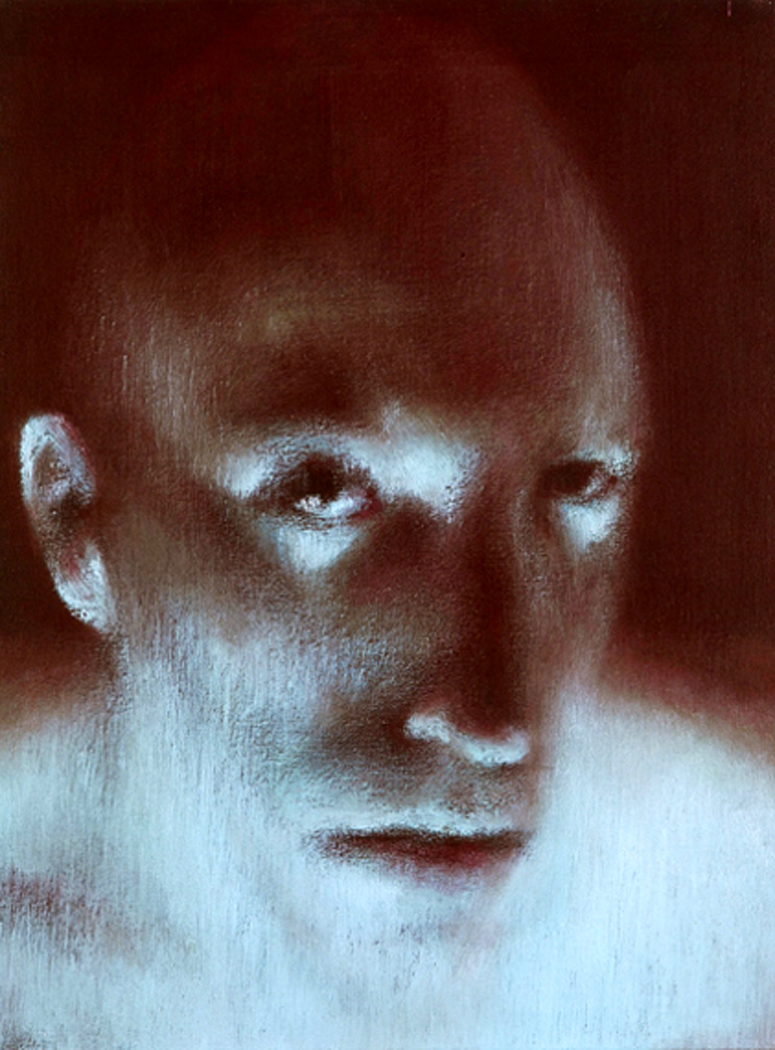 A ghostly and surreal green-faced portrait, creating a strong visual impact through minimalism