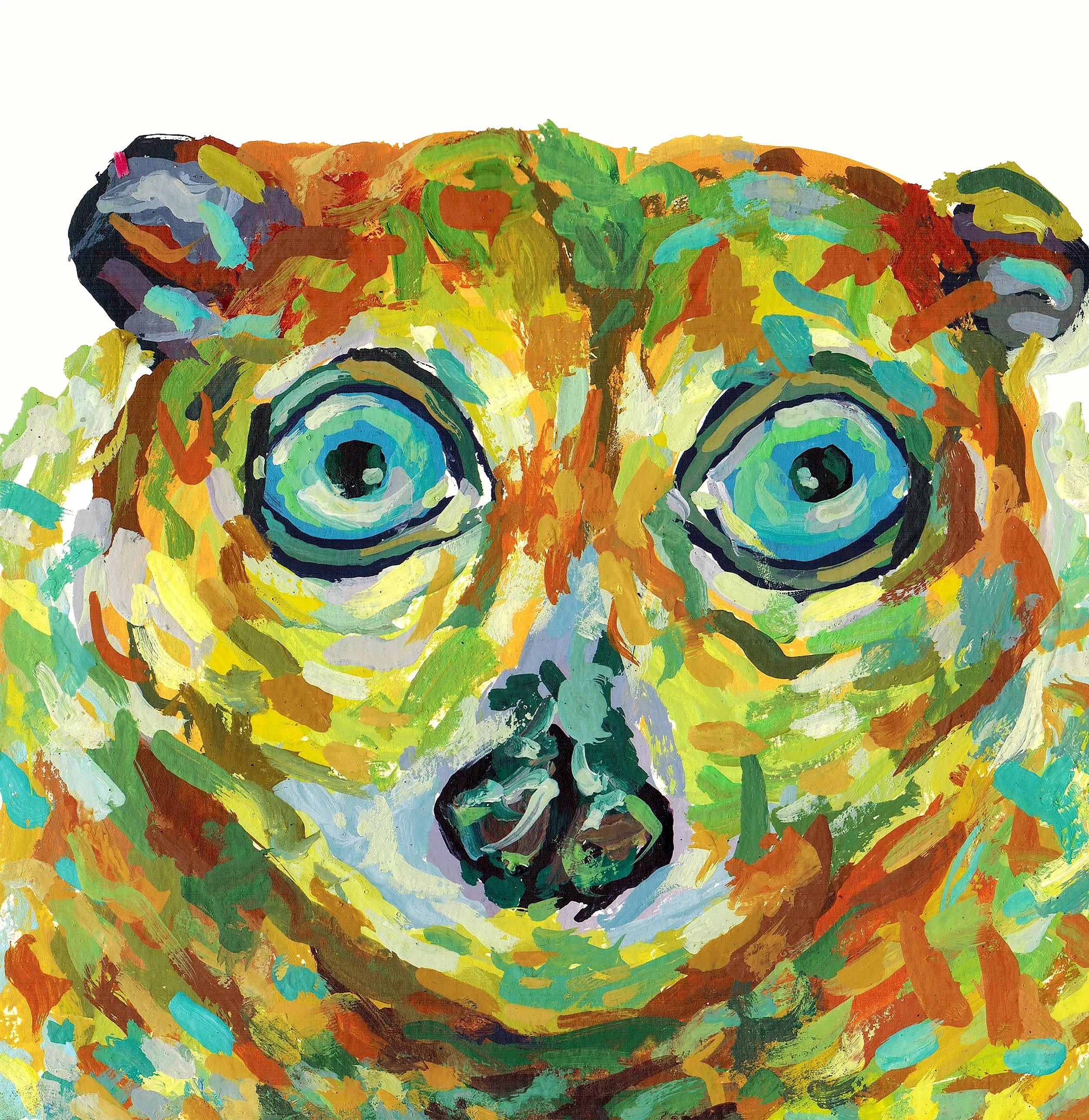 A colorful and expressive watercolor painting of a bear's face, using a wide palette of vivid tones.