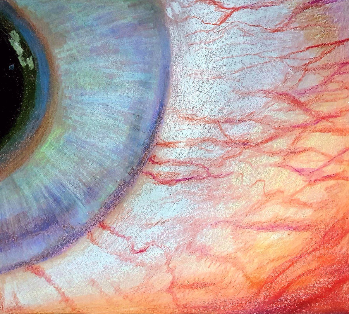 A psychedelic and colorful eye close-up painting featuring bold patterns and intense, vibrant energy.