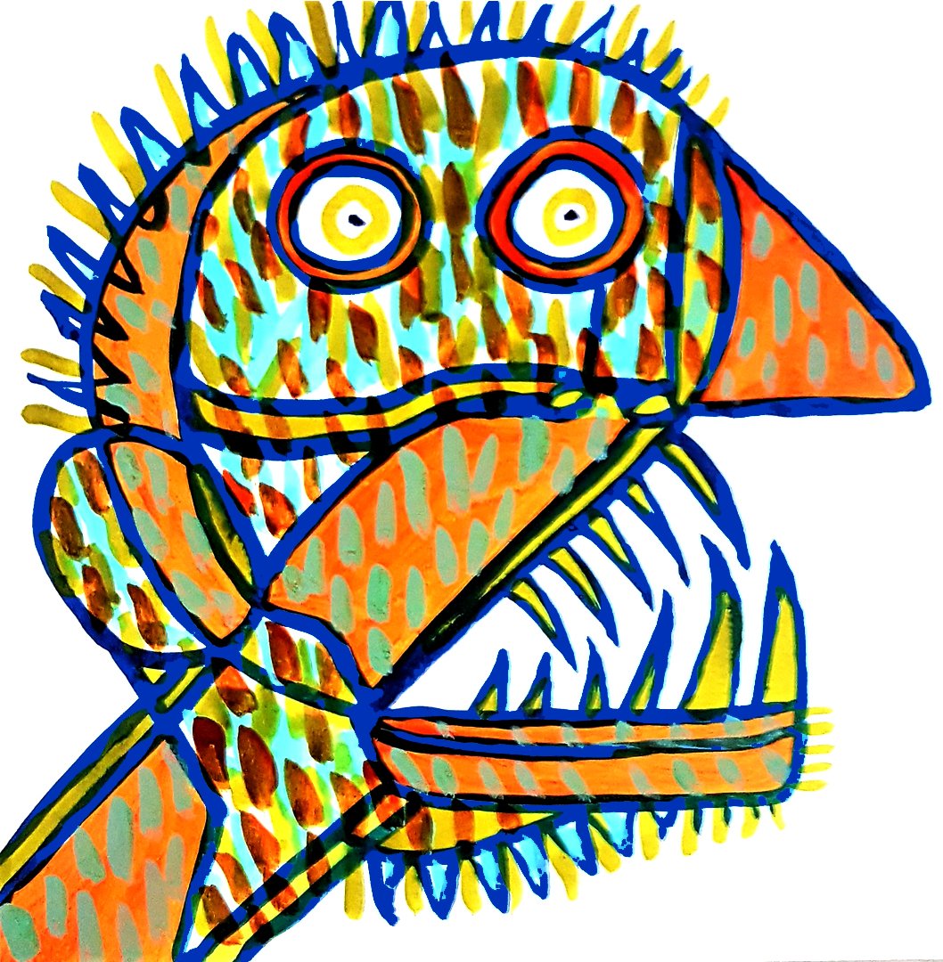 A profile view of a shouting figure, where orange tones and jagged lines emphasize the raw energy of the expression.