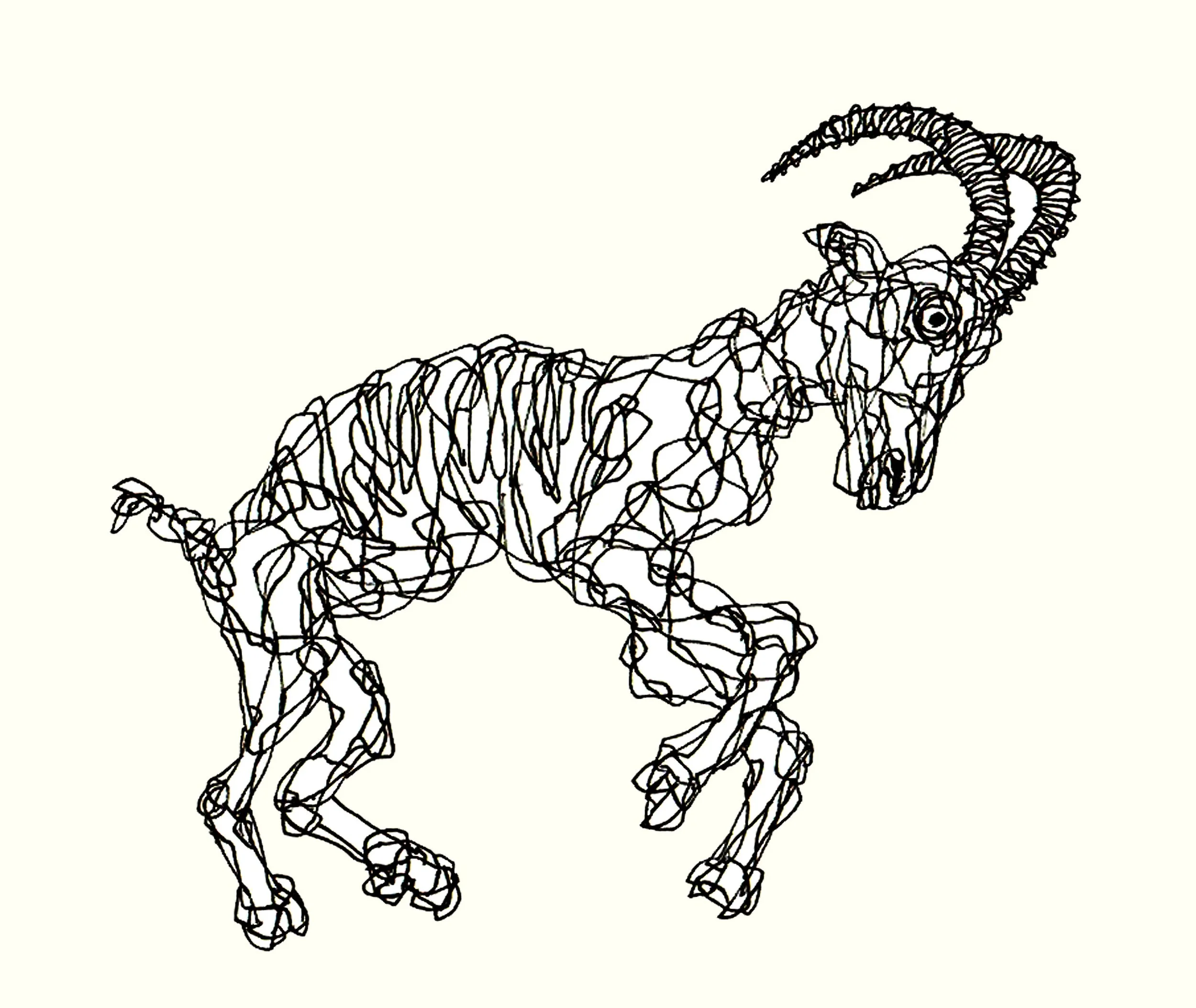 An abstract ink illustration of a mysterious abex goat creature, focusing on dense line work and expressive textures.