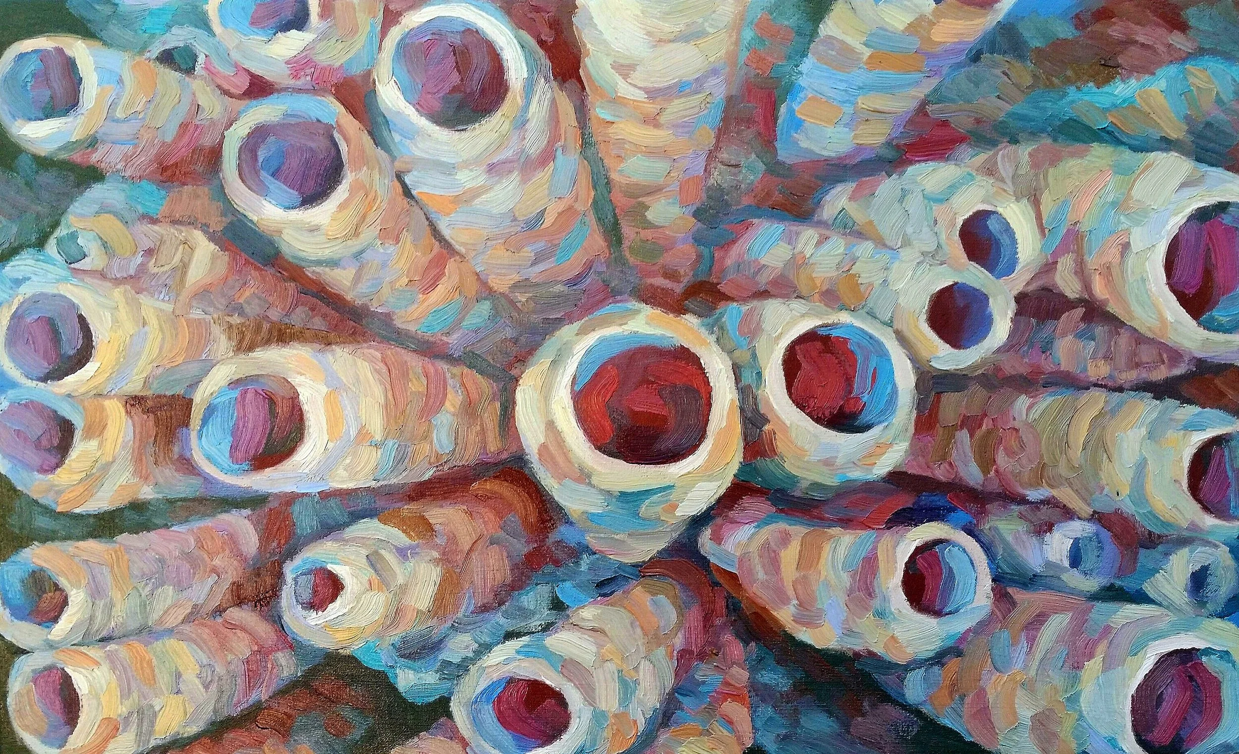 A rhythmic oil painting fragment inspired by the intricate patterns and vibrant textures of underwater coral reefs in blue and purple