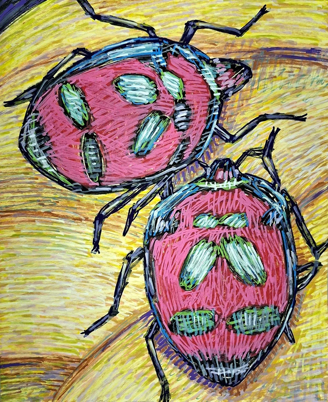 A detailed painting of two beetles. This piece explores mathematical patterns in nature through a soft, artistic lens.