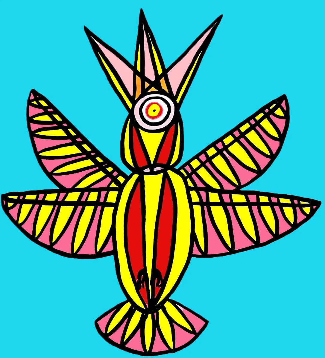 An imaginative bird-like figure humming bird composed of sharp triangular forms and contrasting red and yellow tones.