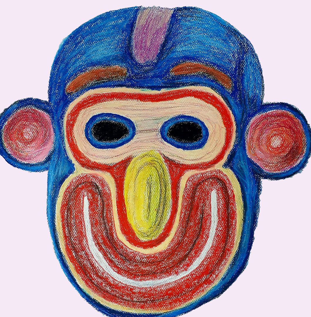 A psychedelic and colorful smiling mask painting featuring bold patterns and intense, vibrant energy.