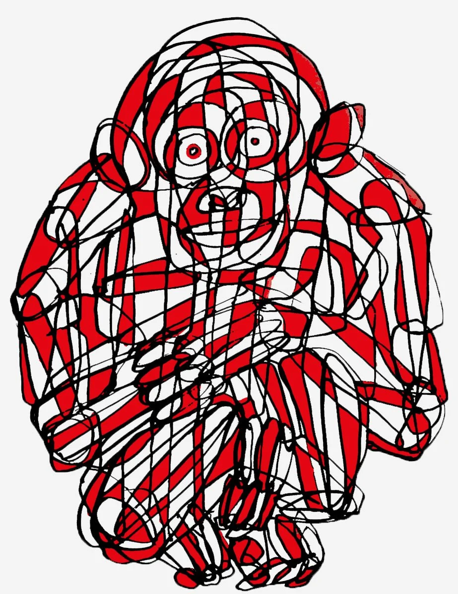 A unique and imaginative humanoid sketch featuring complex geometric structures and artistic line work.