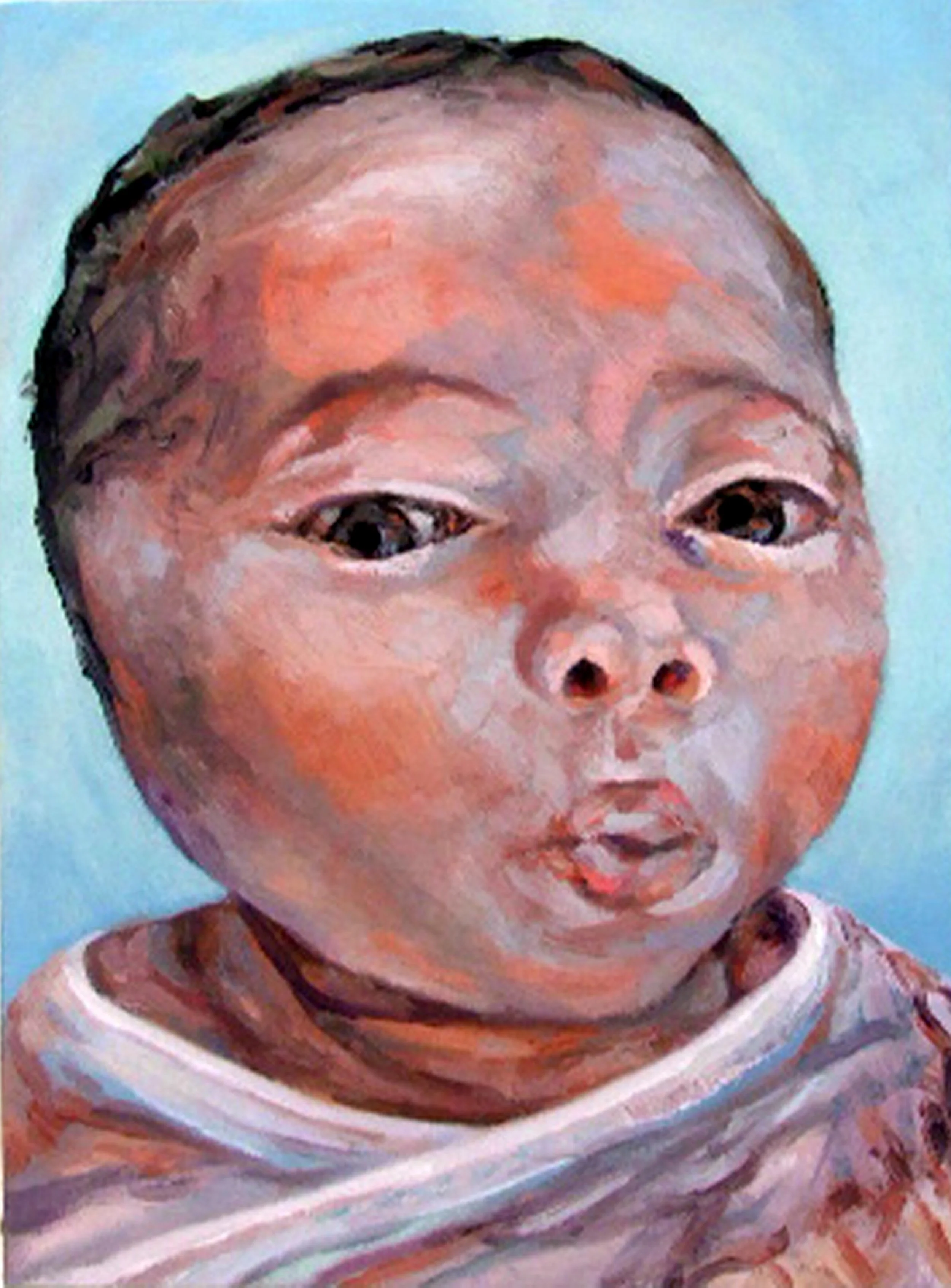 A cool-toned, blue-hued abstract baby portrait exploring atmospheric lighting and human form.