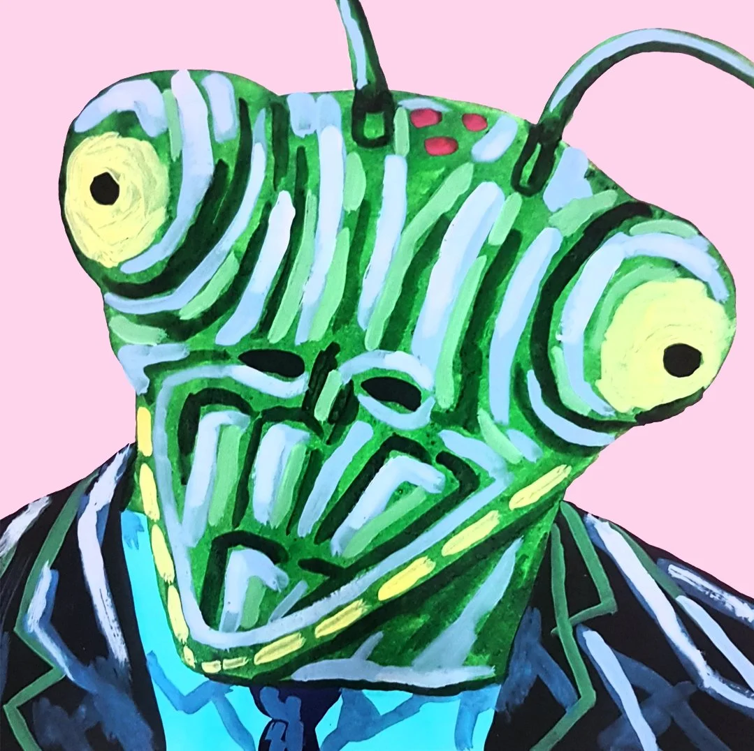 An intense and colorful pink ink portrait of an animal-human hybrid, focusing on expressive eyes and raw, energetic textures.