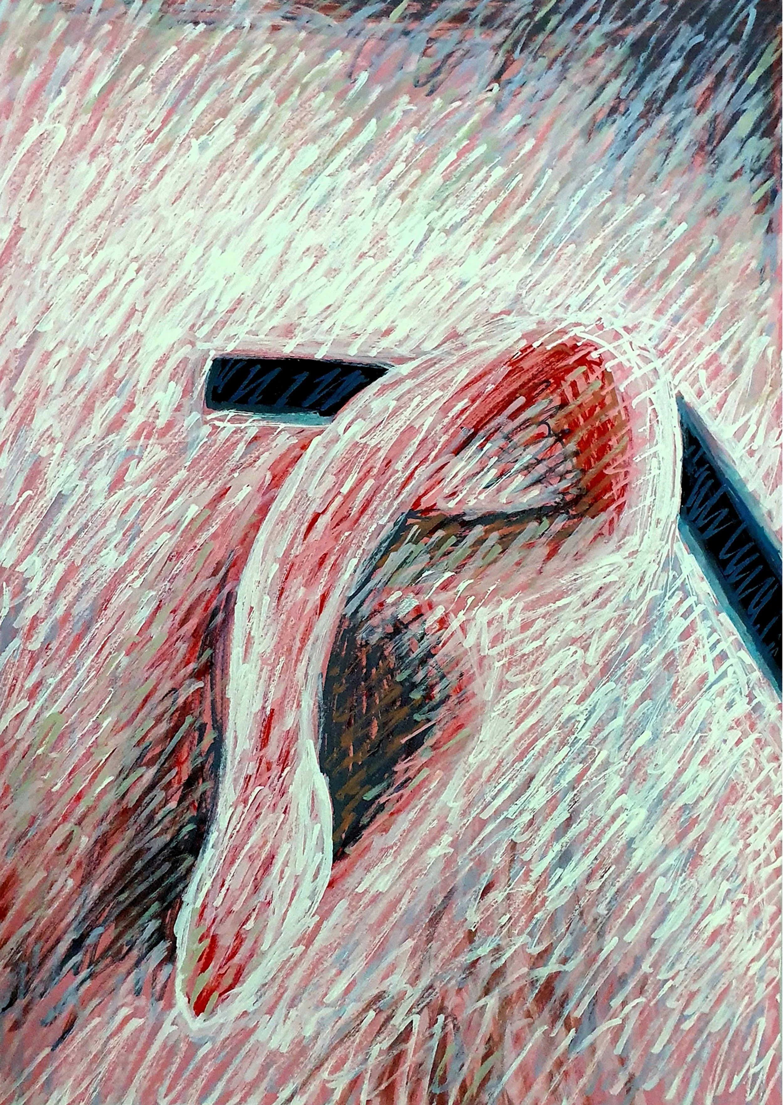 A powerful semi-abstract expressionist painting of glasses over a pink human skin. This artwork uses vibrant pink and ivory tones to convey raw emotion and energy.